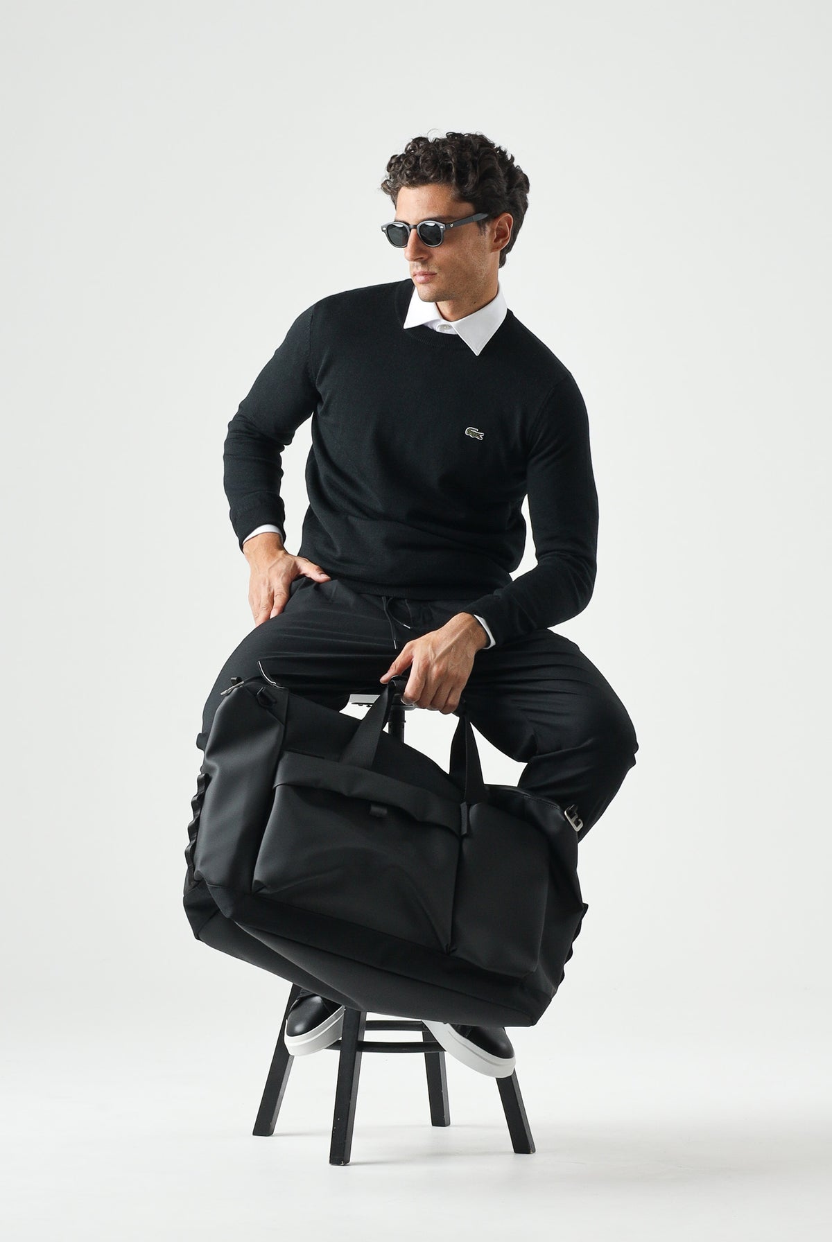 LACOSTE Maglione girocollo nero da uomo con logo laterale coccodrillo<BR/> AH3225 031 LACOSTE
