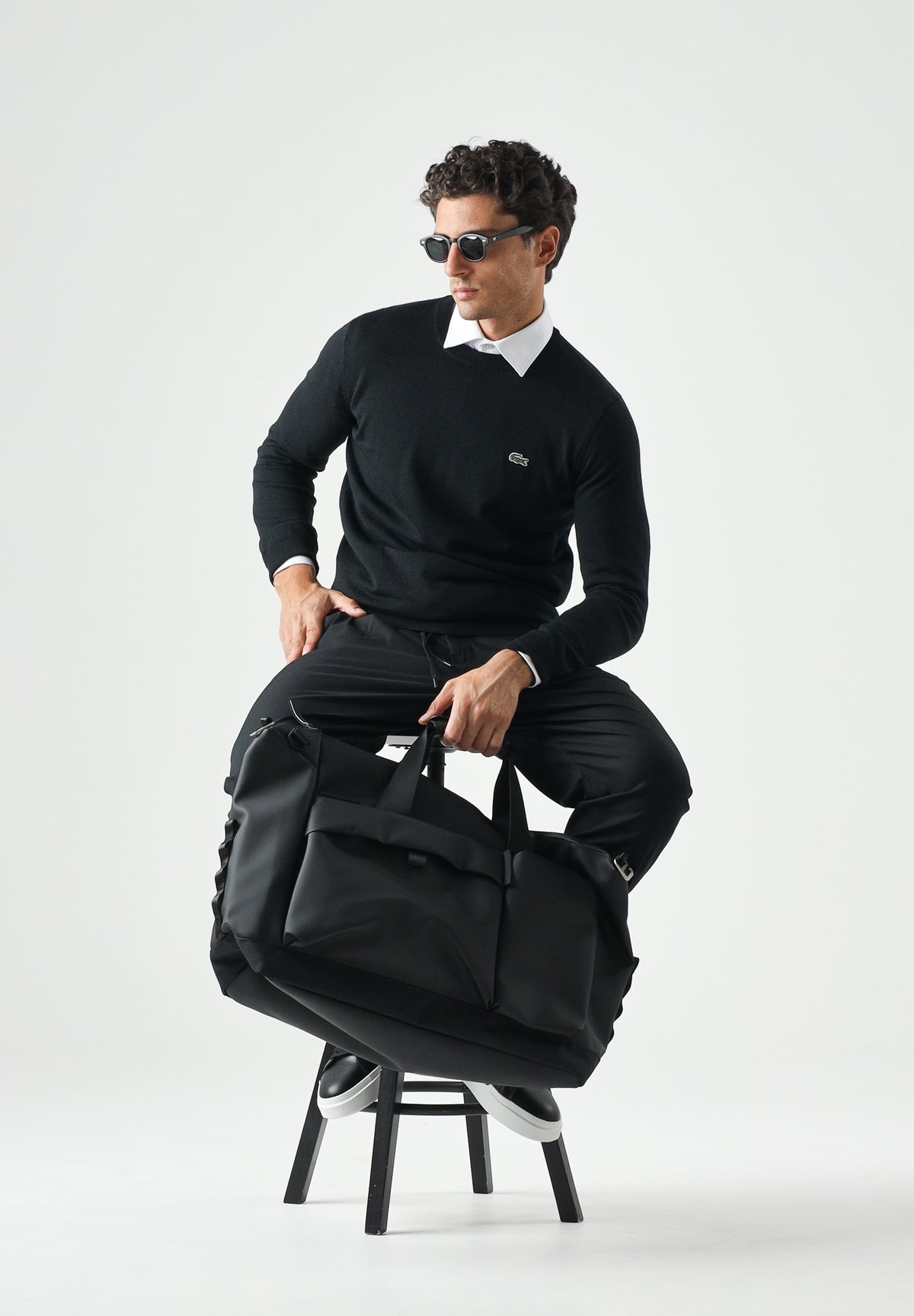 LACOSTE Maglione girocollo nero da uomo con logo laterale coccodrillo<BR/> AH3225 031 LACOSTE