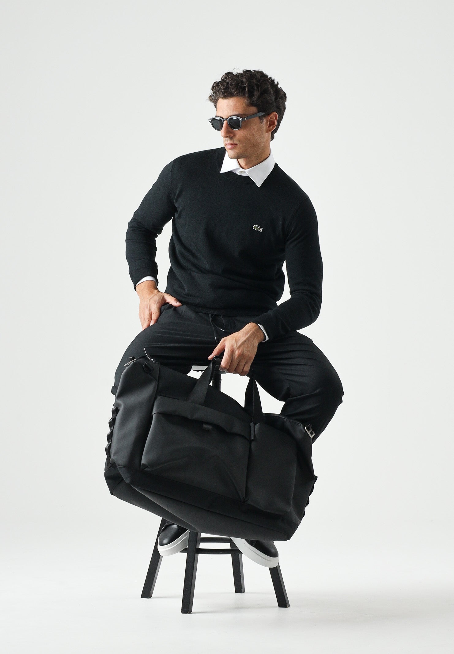LACOSTE Pullover girocollo nero da uomo con logo laterale coccodrillo<BR/> AH3225 031 LACOSTE