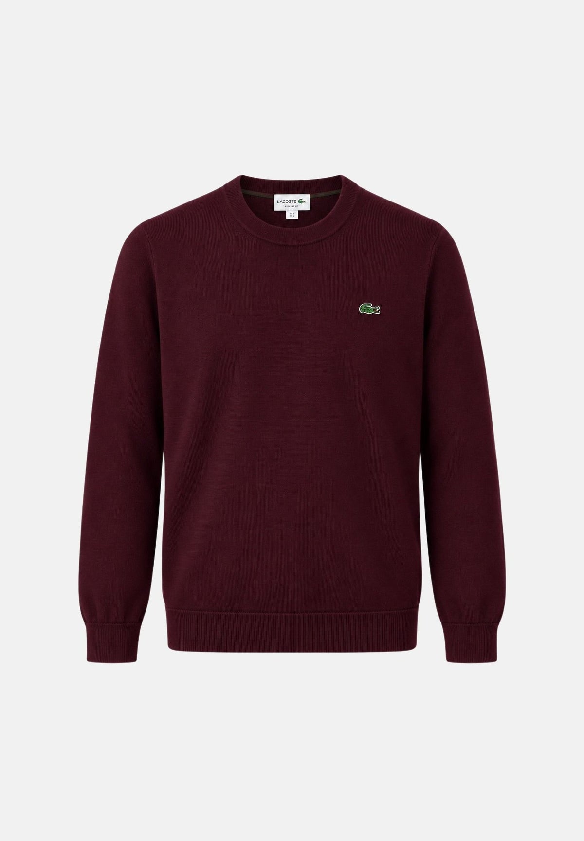 LACOSTE Maglione girocollo Merlot bordeaux da uomo, con maniche lunghe, bordi a costine e coccodrillo sul petto.<BR/> AH3225 3KE LACOSTE