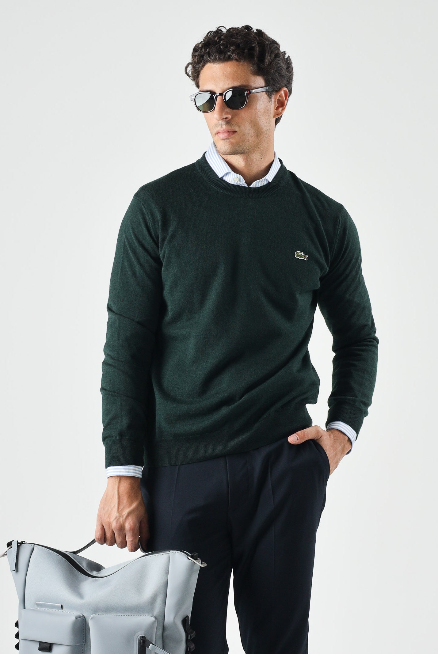 LACOSTE maglia girocollo verde scuro da uomo con iconico logo coccodrillo laterale AH3225 YZP LACOSTE