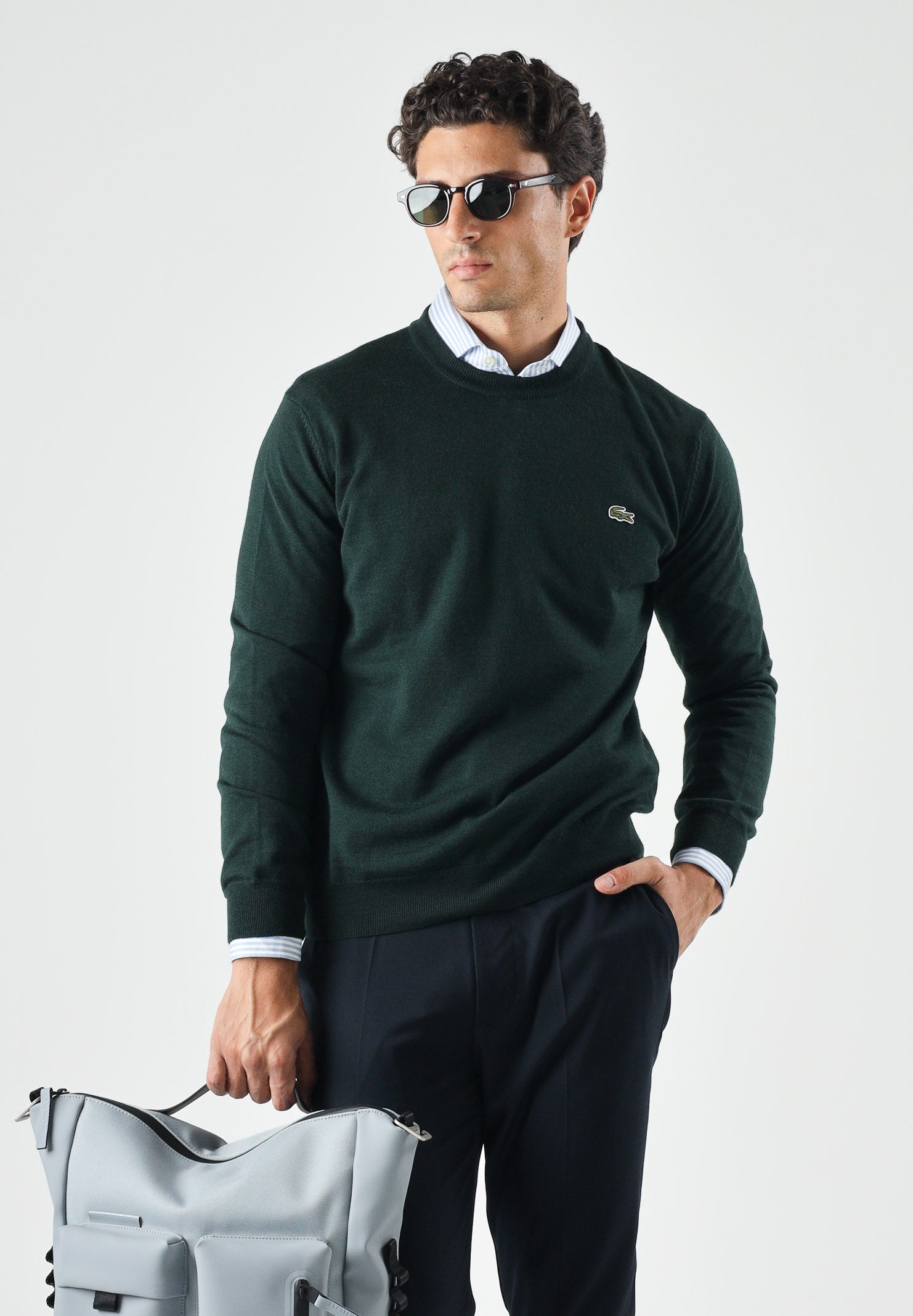 LACOSTE maglia girocollo verde scuro da uomo con iconico logo coccodrillo laterale AH3225 YZP LACOSTE