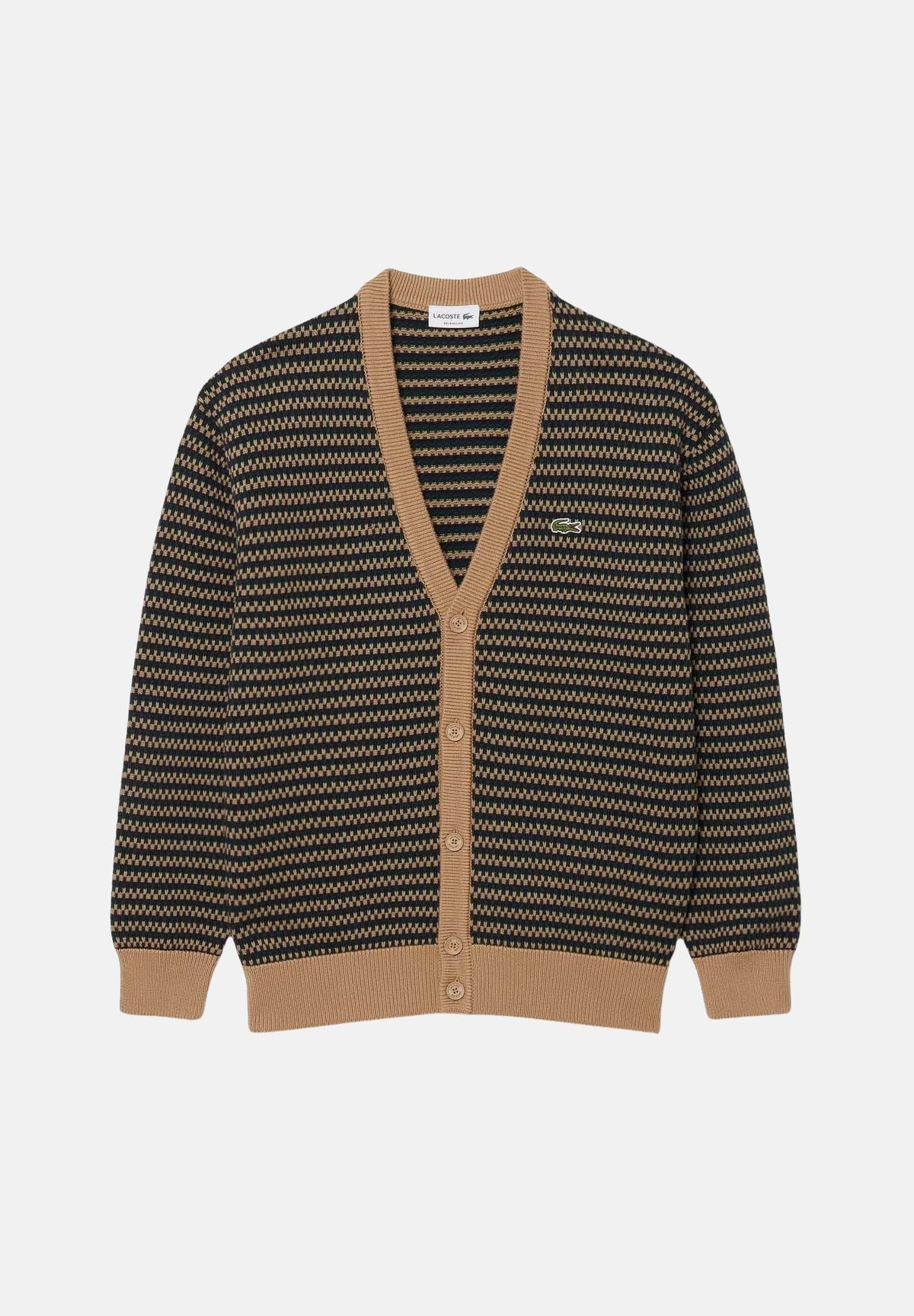 LACOSTE Cardigan a righe marrone cammello e nero da uomo, con scollo a V, bottoni frontali, maniche lunghe e finiture a costine. AH8567 XEI LACOSTE