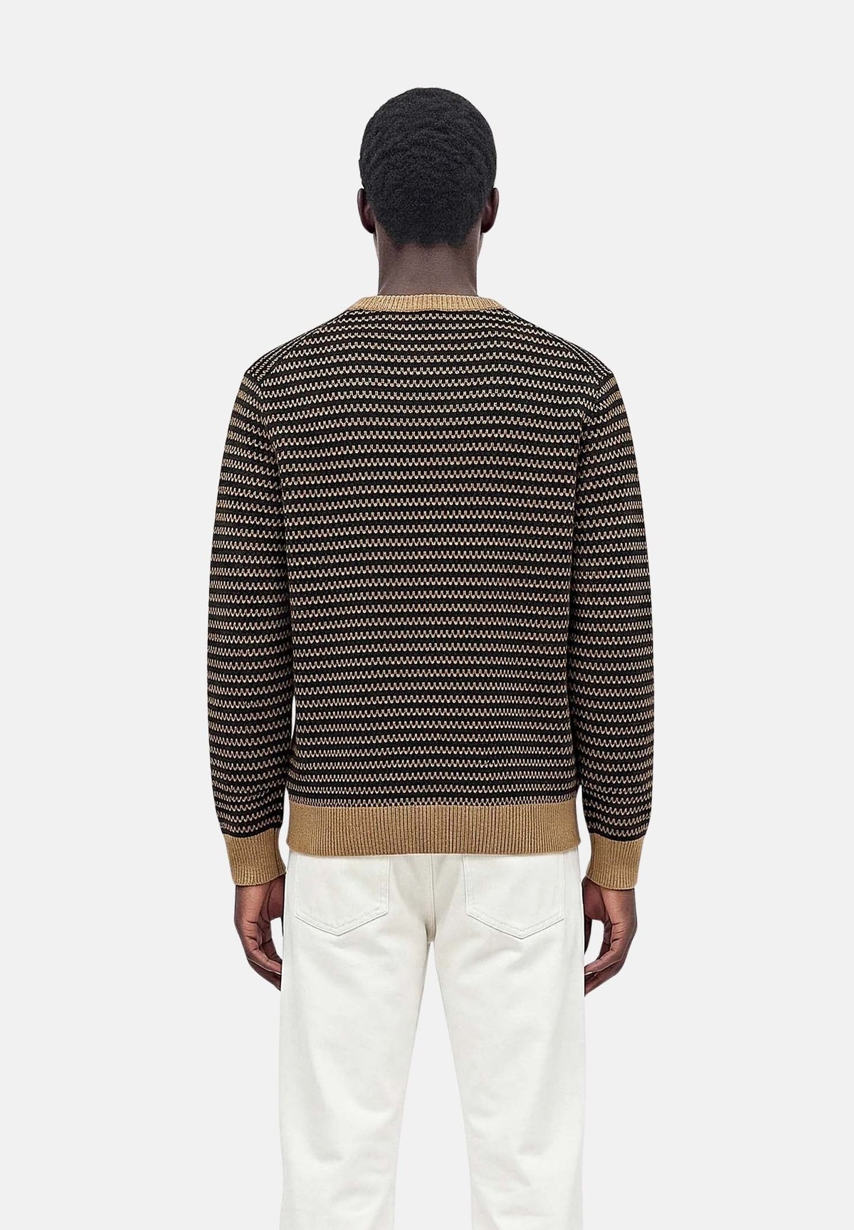 LACOSTE Maglione COTTON STRIPED SWEATER Cookie/Sinople/Dark Navy Blue marrone e blu navy da uomo, a righe con girocollo e coccodrillo ricamato. AH8569 XEI LACOSTE