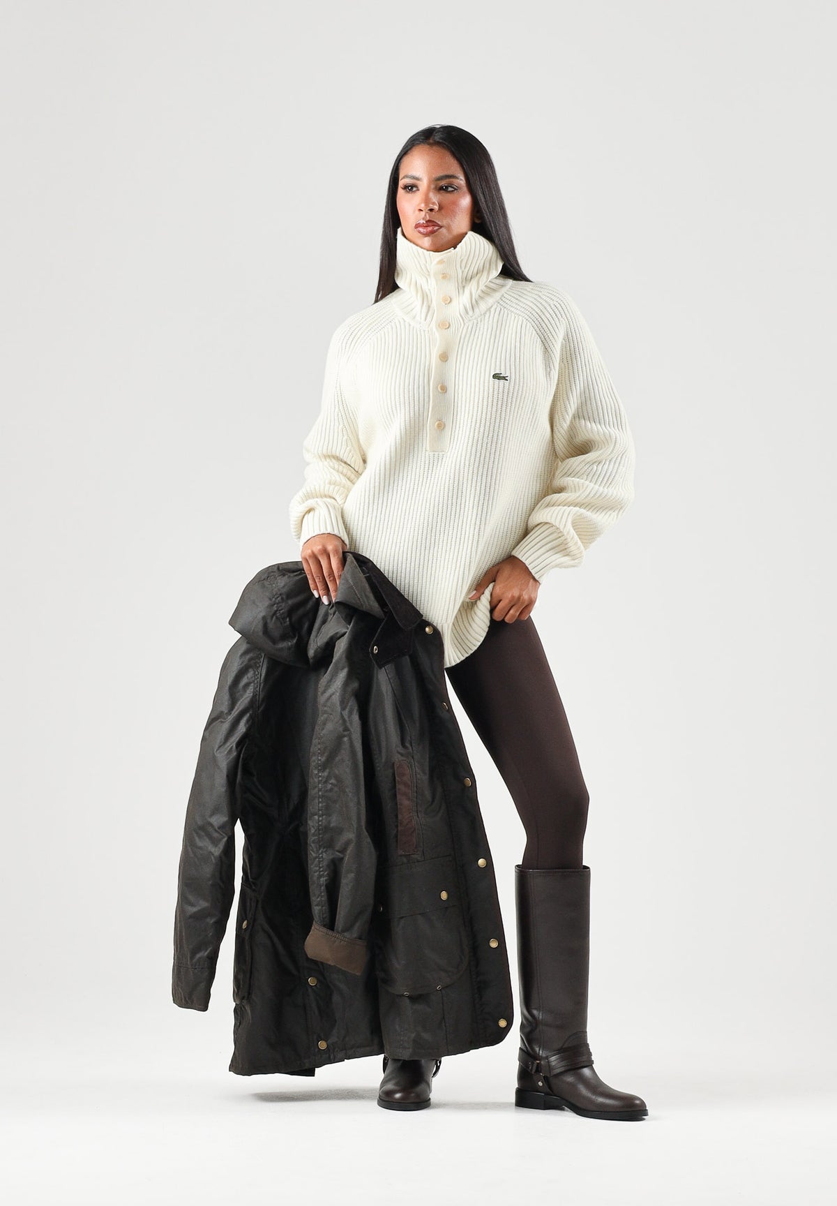 LACOSTE Polo manica lunga ZIP COLLAR SWEATER panna per uomo e donna con lavorazione a trecce AH8598 XFJ LACOSTE