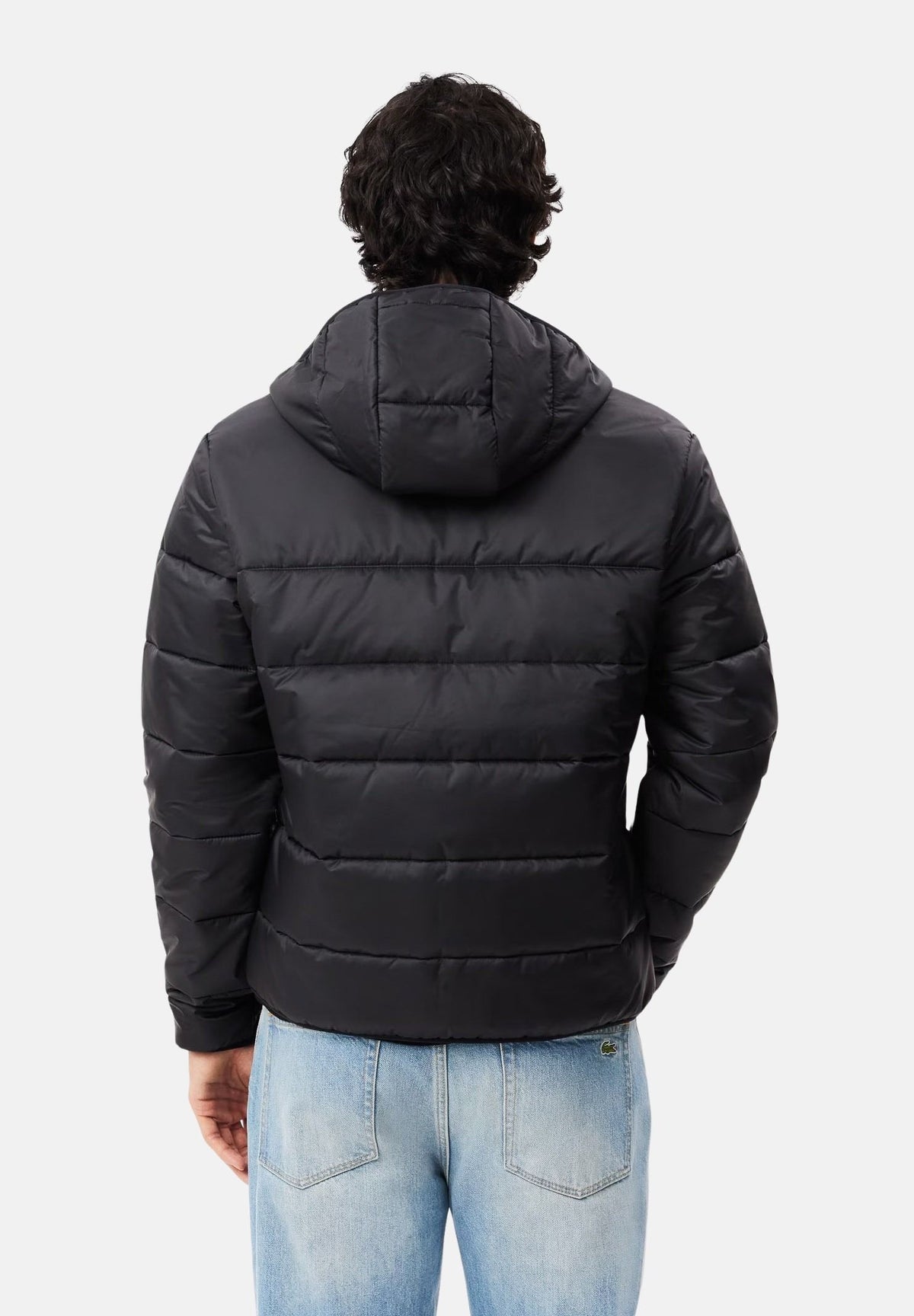 LACOSTE Giubbotto trapuntato nero da uomo in taffetà idrorepellente, con cappuccio imbottito, zip frontale e tasche con zip.<BR/> BH6763 C31 LACOSTE