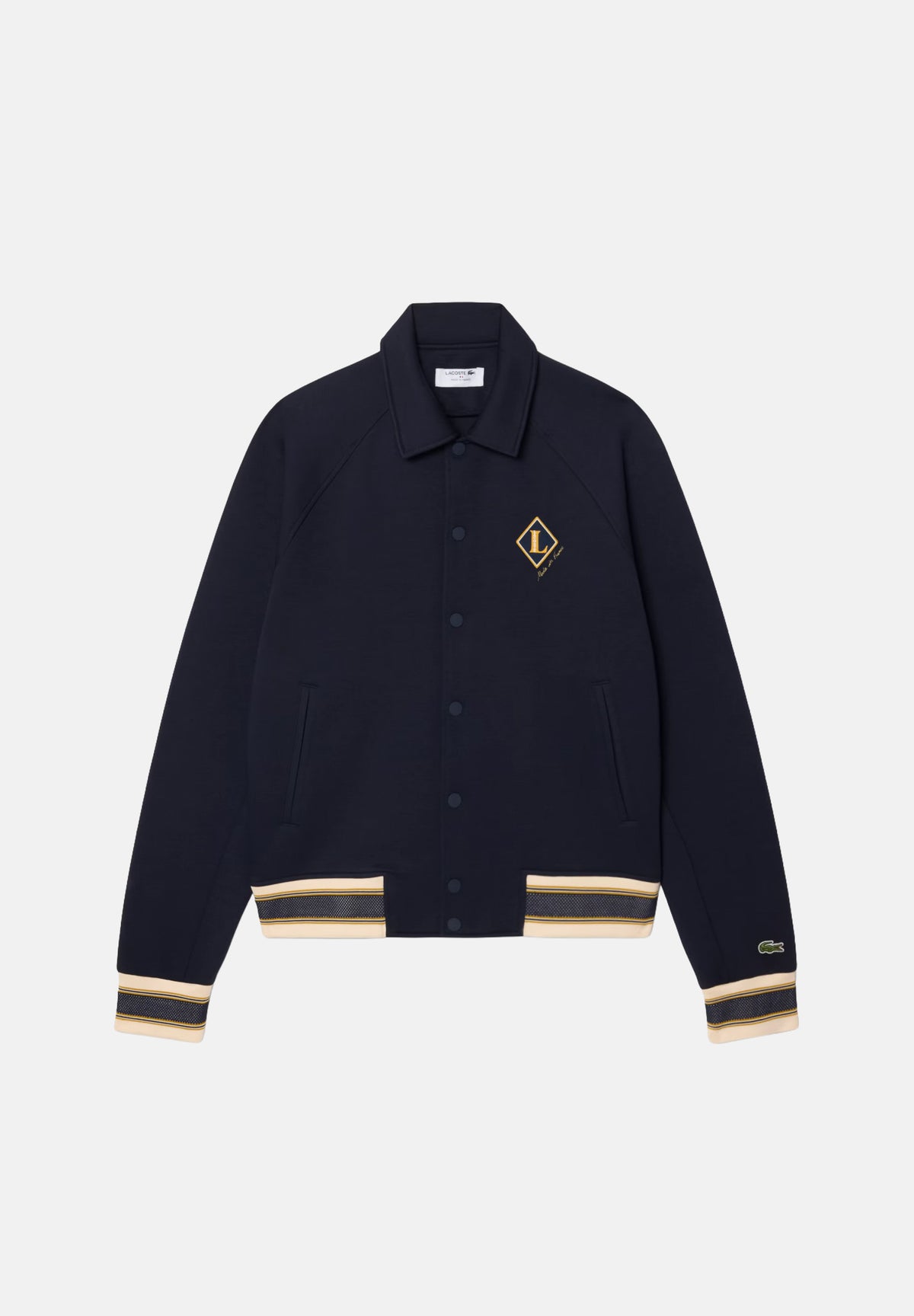 LACOSTE Bomber WOOL BLEND blu da uomo con colletto camicia, bottoni automatici e dettagli a righe BH8614 MXQ LACOSTE