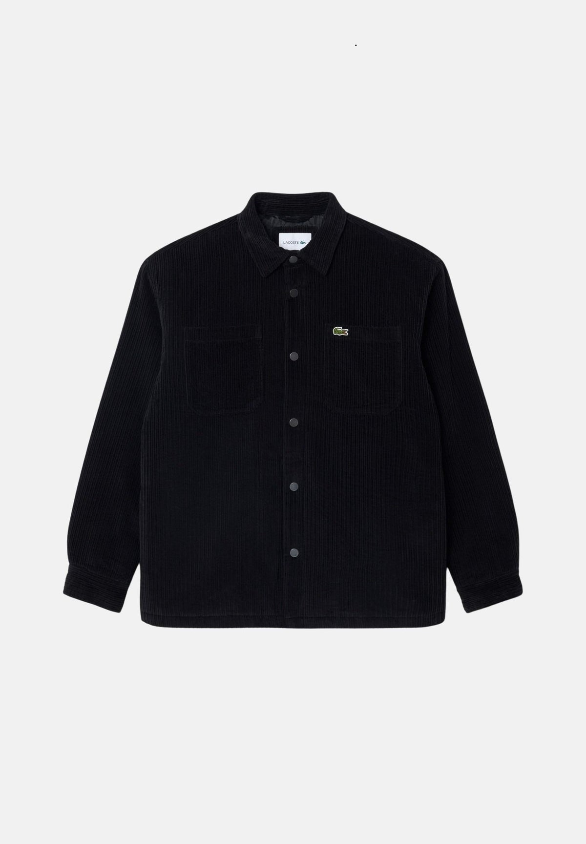 LACOSTE Giubbotto effetto camicia PADDED CORDUROY OVERSHIRT nero da uomo in velluto a coste con leggera imbottitura, bottoni a pressione e tasche.<BR/> CH8840 031 LACOSTE