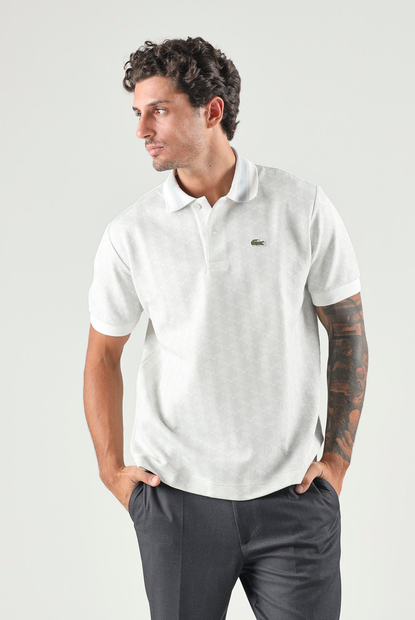 LACOSTE Polo jacquard grigio/bianco da uomo con motivo monogramma DH1417 4IW LACOSTE