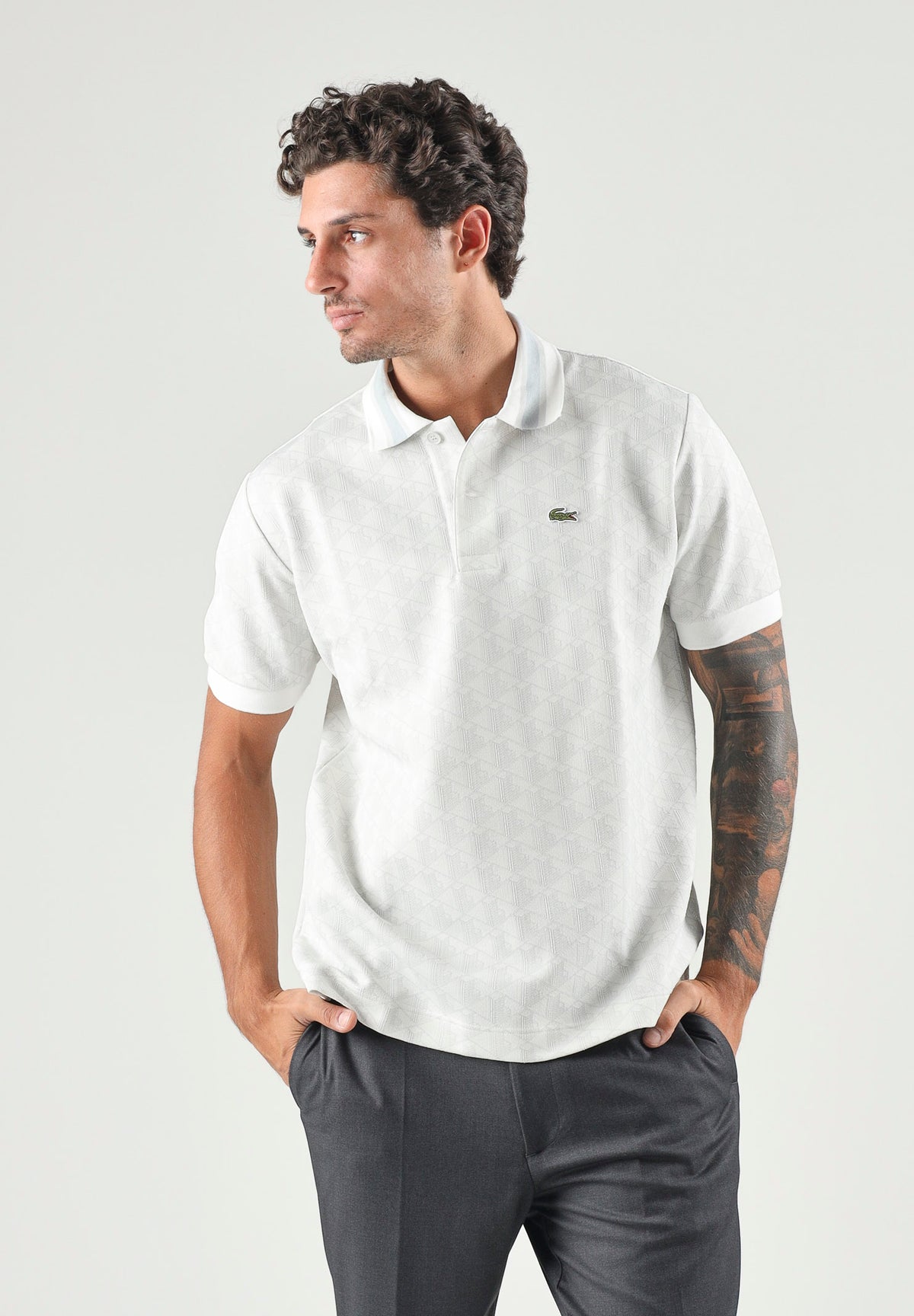 LACOSTE Polo jacquard grigio/bianco da uomo con motivo monogramma DH1417 4IW LACOSTE