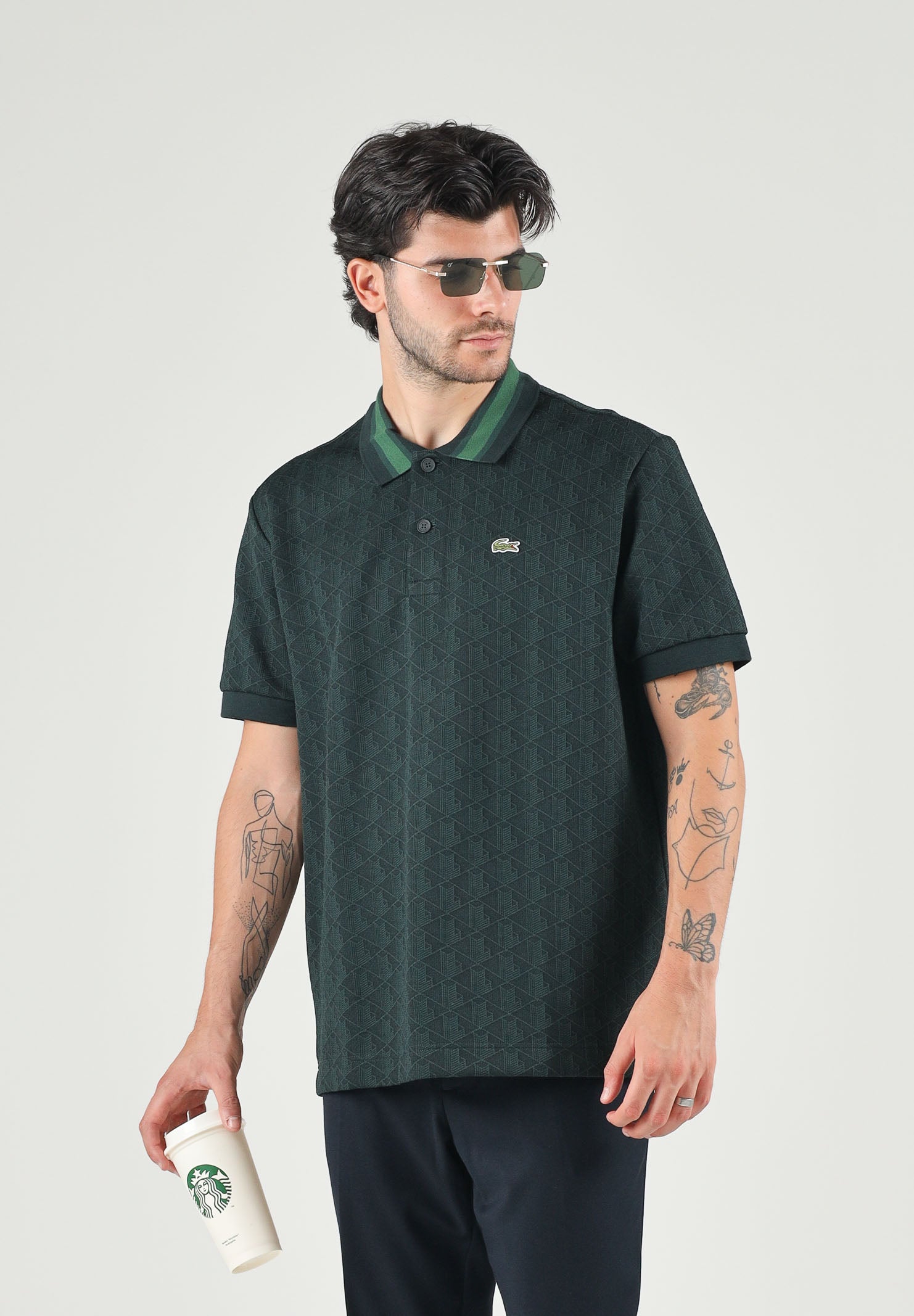 LACOSTE Polo blu da uomo con colletto a contrasto verde a righe DH1417 SPU LACOSTE