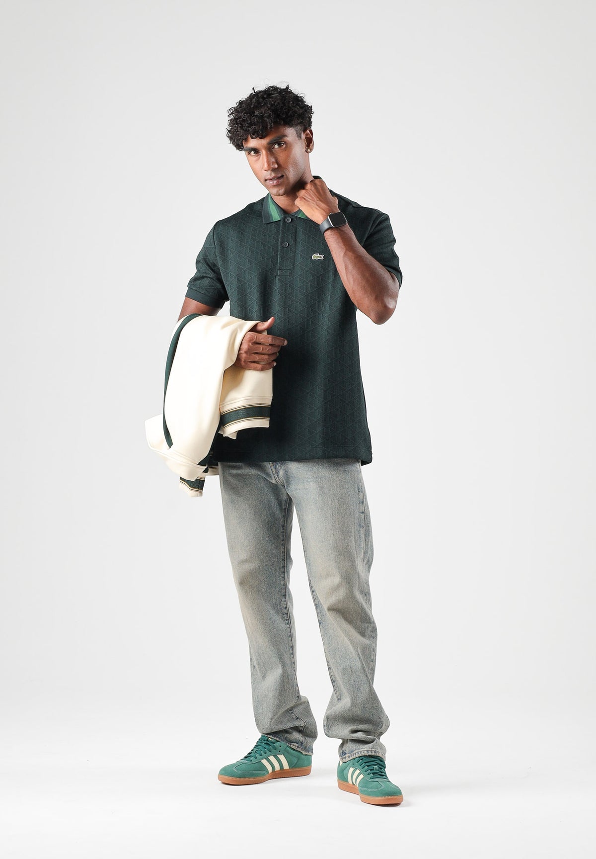 LACOSTE Polo manica corta verde da uomo con colletto a contrasto a righe DH1417 SPU LACOSTE