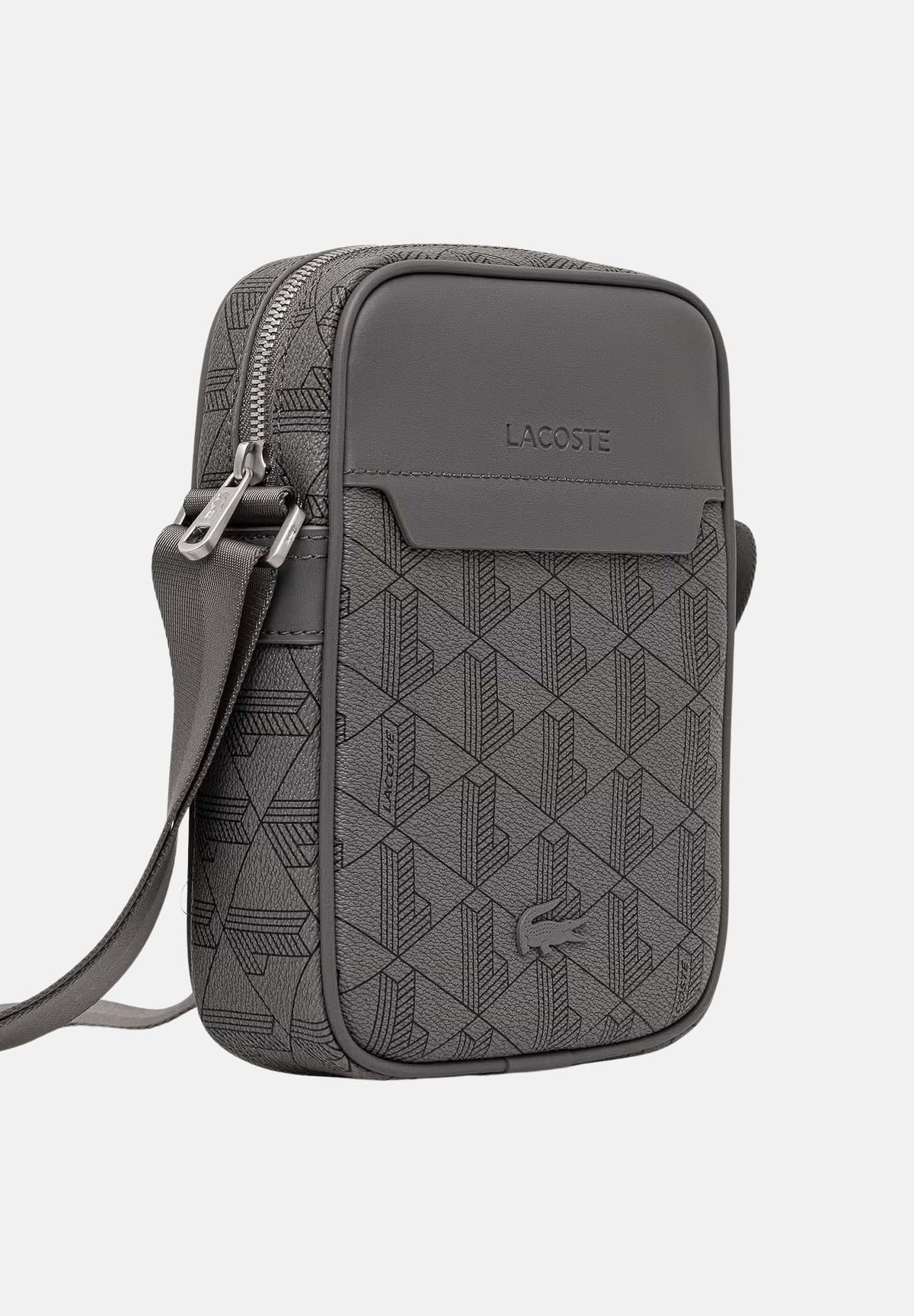 LACOSTE Borsa a tracolla THE BLEND Mono Gris Noir grigio e nero per uomo e donna, in canvas spalmato con monogramma e tracolla regolabile. NH4410 T77 LACOSTE