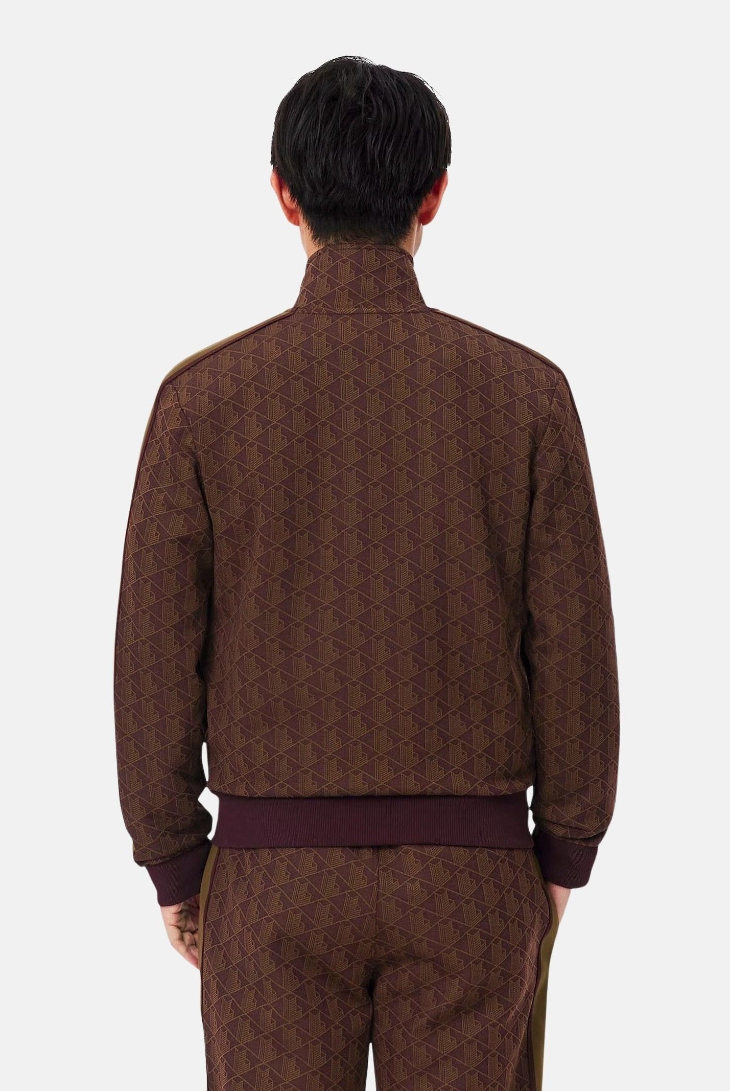 LACOSTE Felpa con zip marrone da uomo con motivo monogramma jacquard. SH1368 WD9 LACOSTE