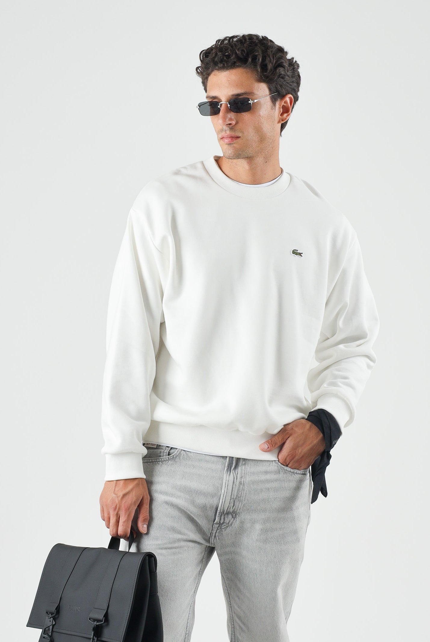 LACOSTE Felpa in pile in cotone, di colore bianco da uomo, logo coccodrillo iconico ricamato SH8868 70V LACOSTE