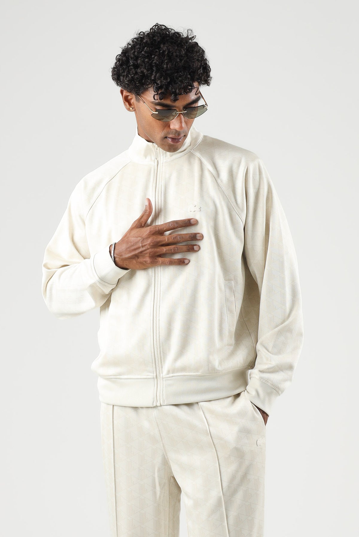 LACOSTE Felpa con zip TRACK JACKET panna da uomo con stampa monogram tono su tono SH9775 8LX LACOSTE