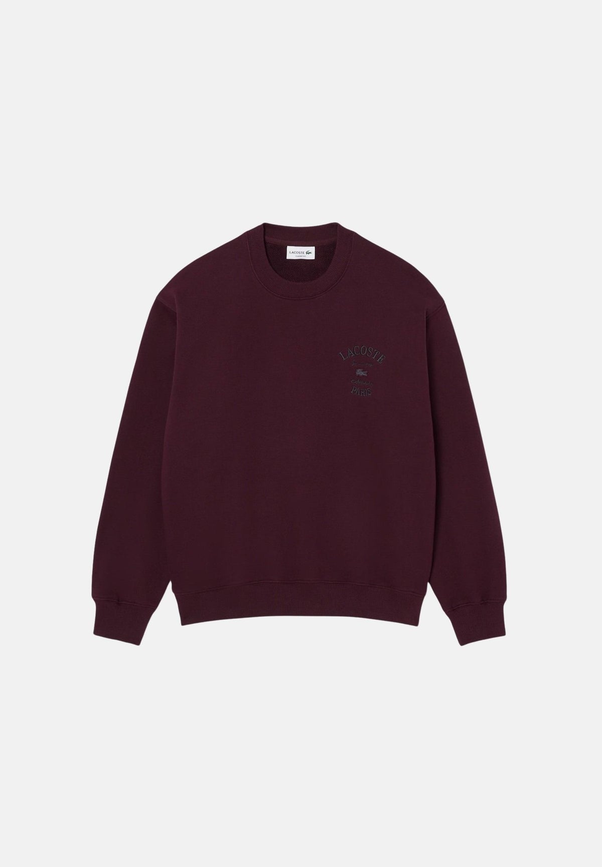 LACOSTE Felpa girocollo LACOSTE PARIS Dark Burgundy bordeaux scuro da uomo in cotone, con ricamo sul petto e coccodrillo tono su tono. SH9785 3KE LACOSTE