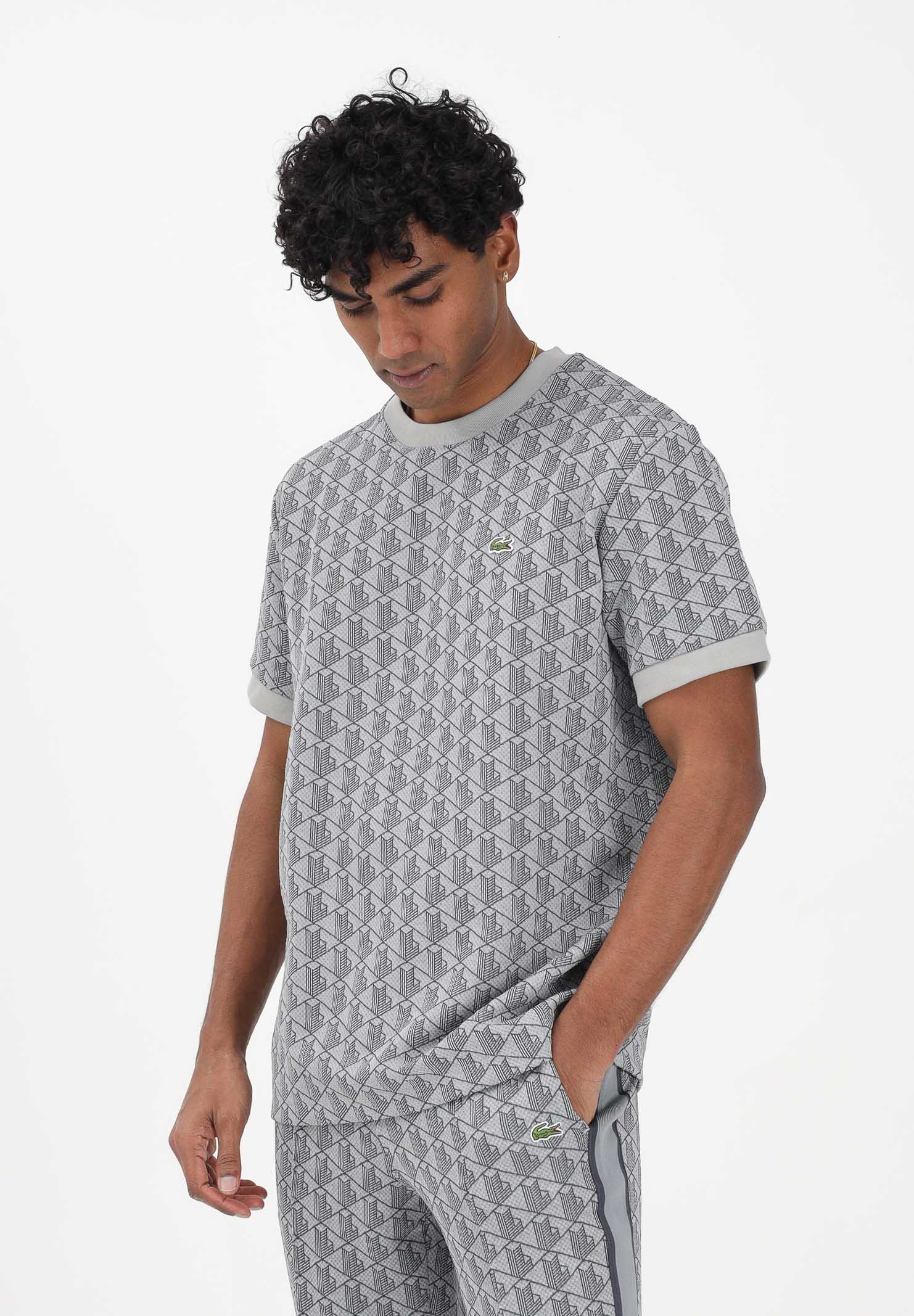 LACOSTE T-shirt a manica corta grigia da uomo con monogramma jacquard TH1197 41I LACOSTE