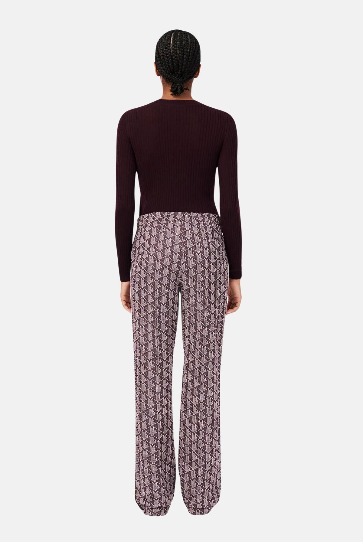 LACOSTE Pantaloni MONOGRAMMA bordeaux e rosa da donna, con fantasia jacquard all-over e bande laterali a contrasto.<BR/> XF9313 WE2 LACOSTE