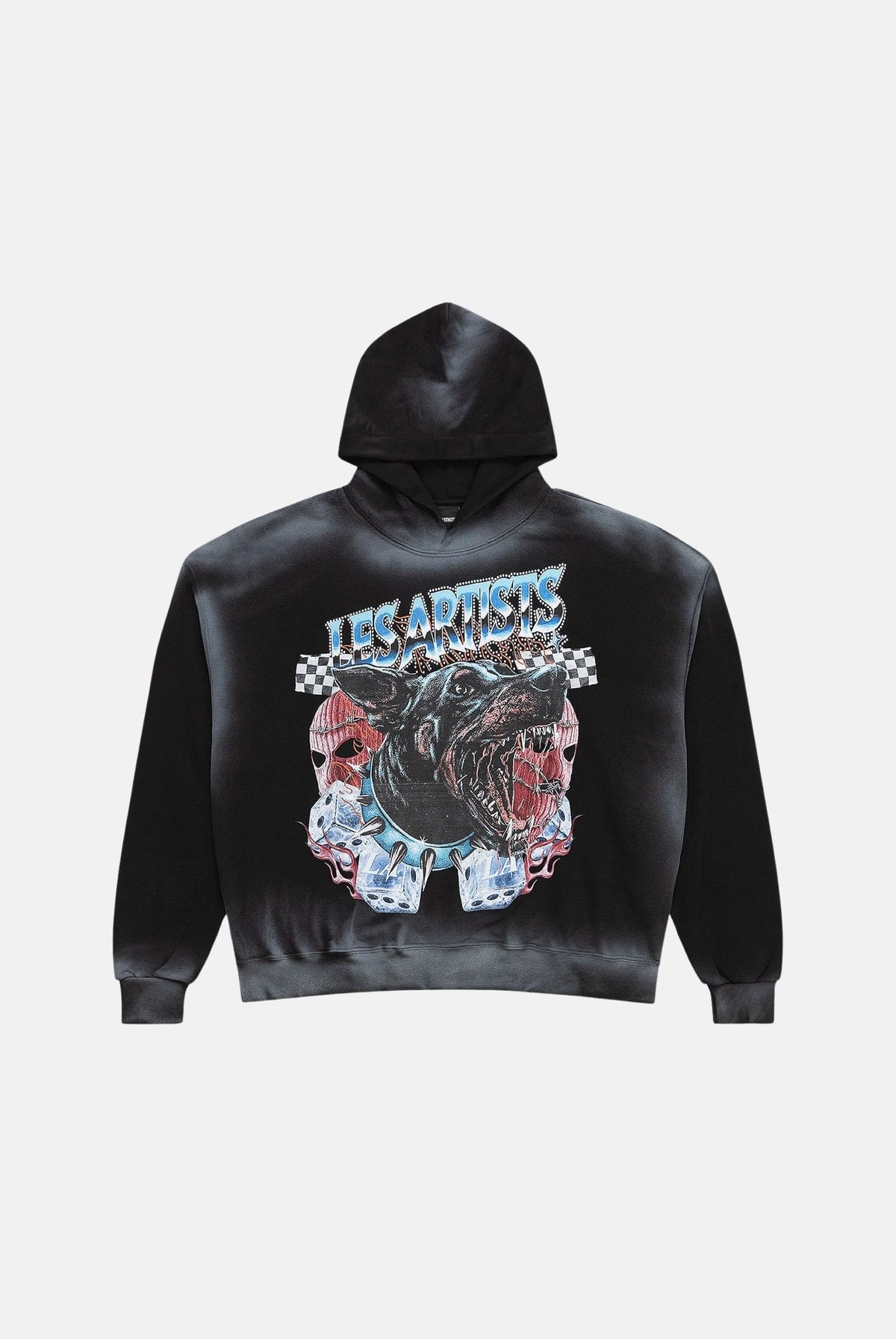 LES ARTISTS Felpa con cappuccio Hoodie Crop nero per uomo e donna con grafica rock Doberman sul retro. 27SSLAHD5038 121 LES ARTISTS