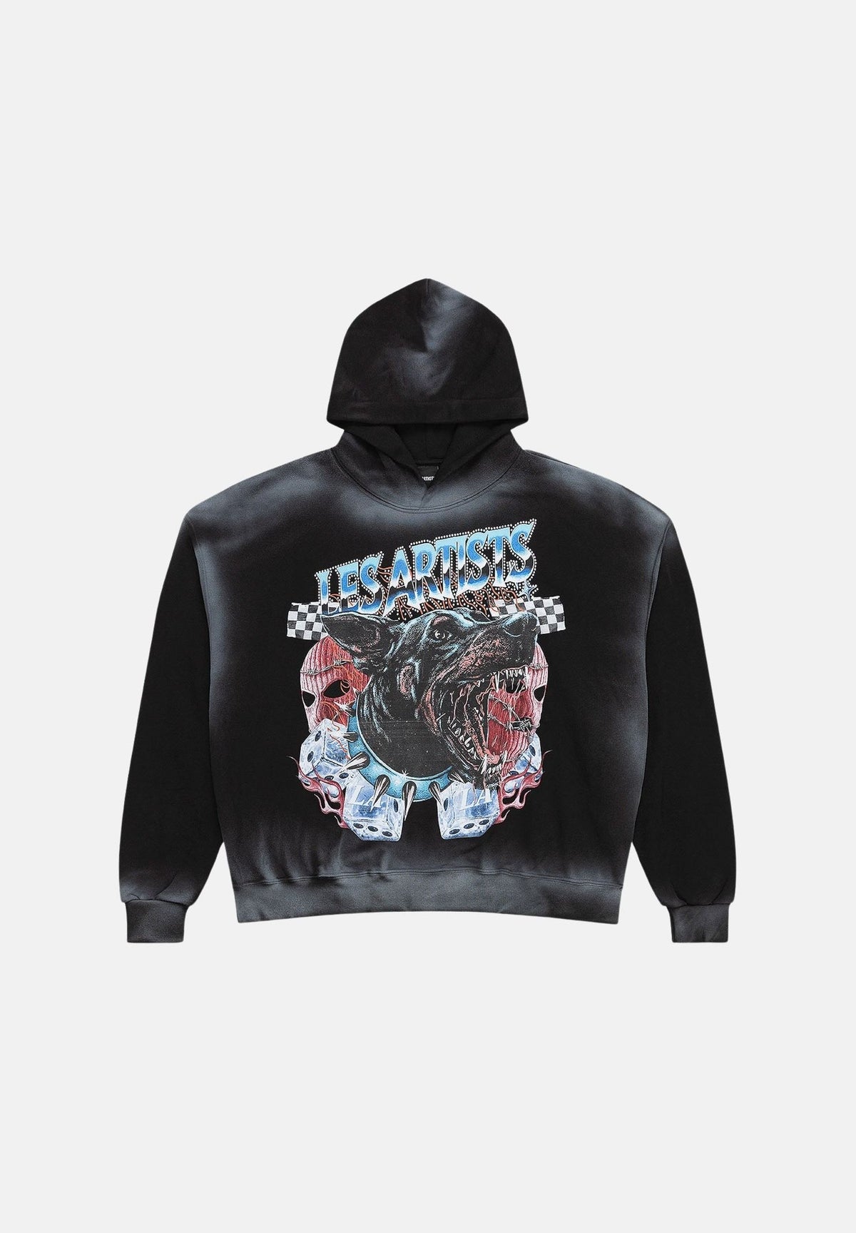 LES ARTISTS Felpa con cappuccio Hoodie Crop nero per uomo e donna con grafica rock Doberman sul retro. 27SSLAHD5038 121 LES ARTISTS