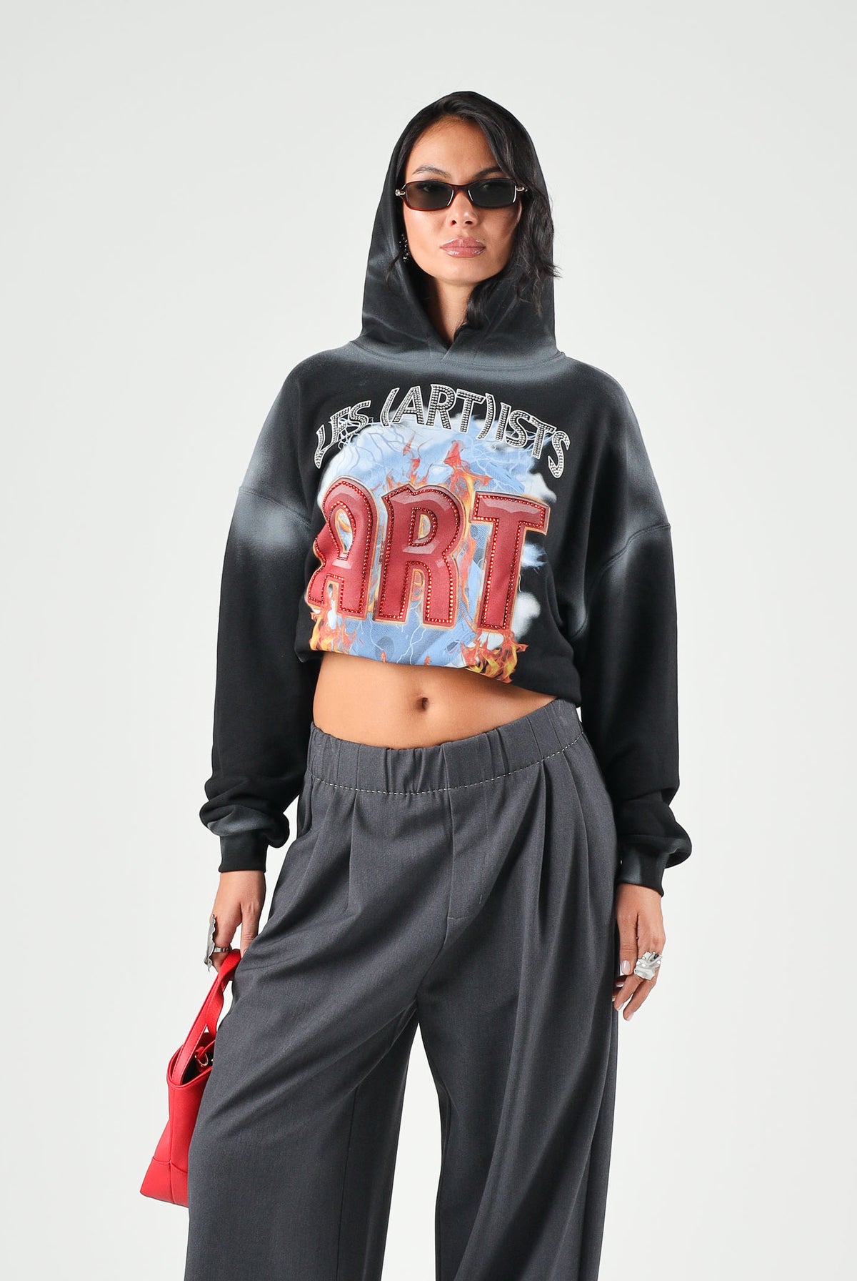 LES ARTISTS Felpa con cappuccio Hoodie Crop Top nera per uomo e donna con stampa grafica artistica sul davanti 27SSLAHD5046 121 LES ARTISTS