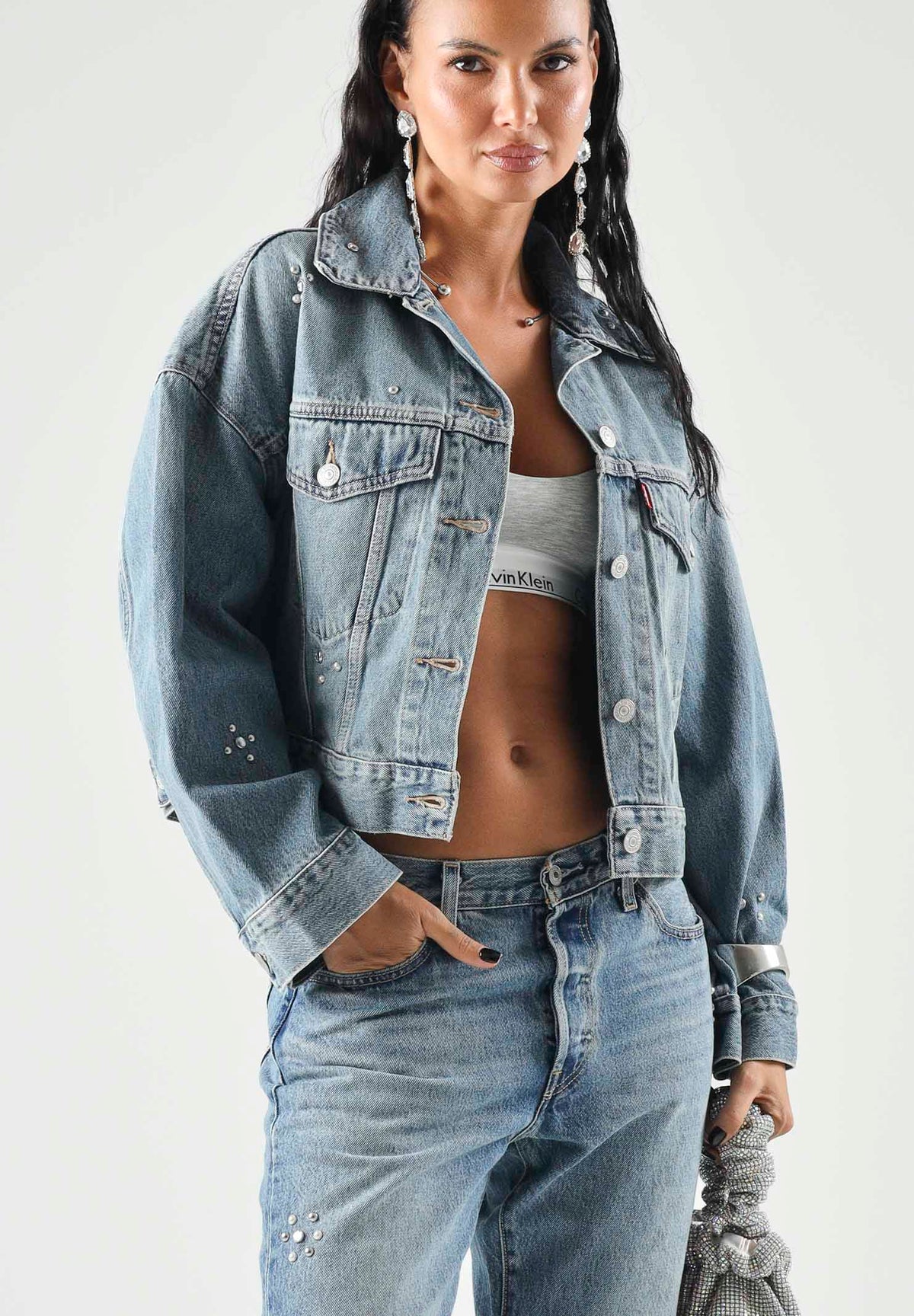LEVI'S Giubbotto di jeans STRASS SILVER STUDS CROPPED indigo blu da donna con applicazioni decorative 0089L-0003 . LEVI'S®