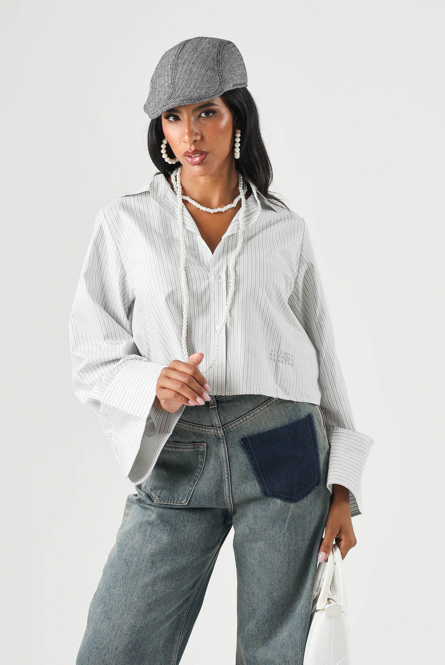 MM6 MAISON MARGIELA Camicia Cropped striped shirt with logo, colore brand Striped Grey, per donna, ragazzi, bambini M61094MM08N M6913 MAISON MARGIELA