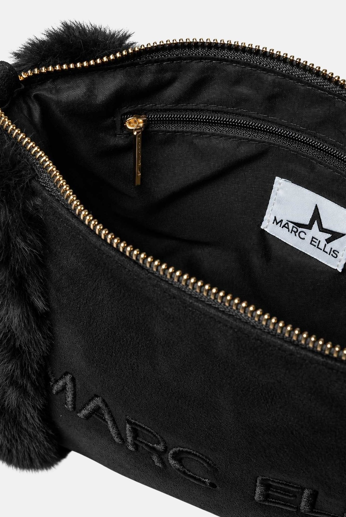 MARC ELLIS Pochette nera per donna con pratico laccetto da polso e dettagli in morbido tessuto effetto pelliccia BUBY-CARACAL-C BL MARC ELLIS