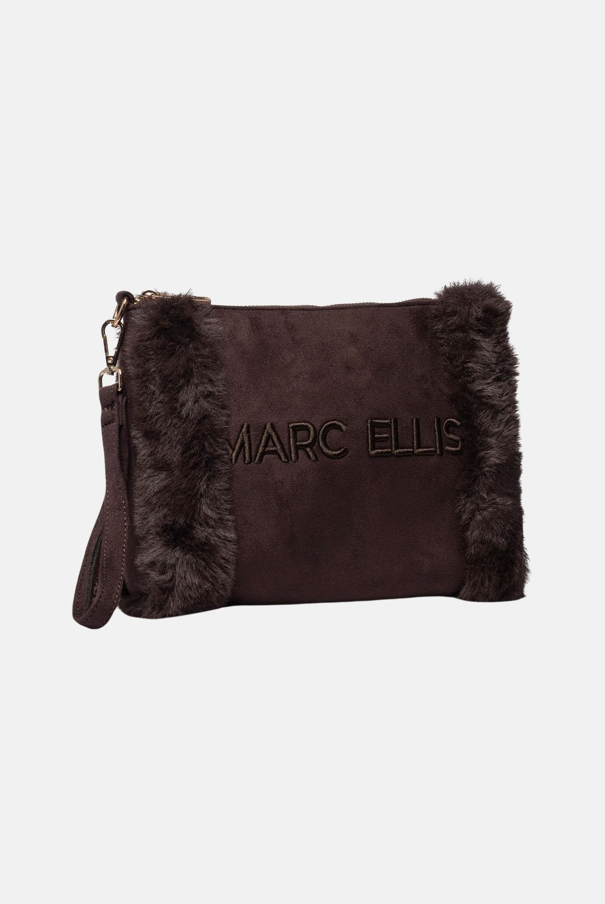 MARC ELLIS Pochette BUBY-CARACAL marrone scuro da donna con inserti laterali effetto pelliccia e cinturino da polso. BUBY-CARACAL-C CH MARC ELLIS