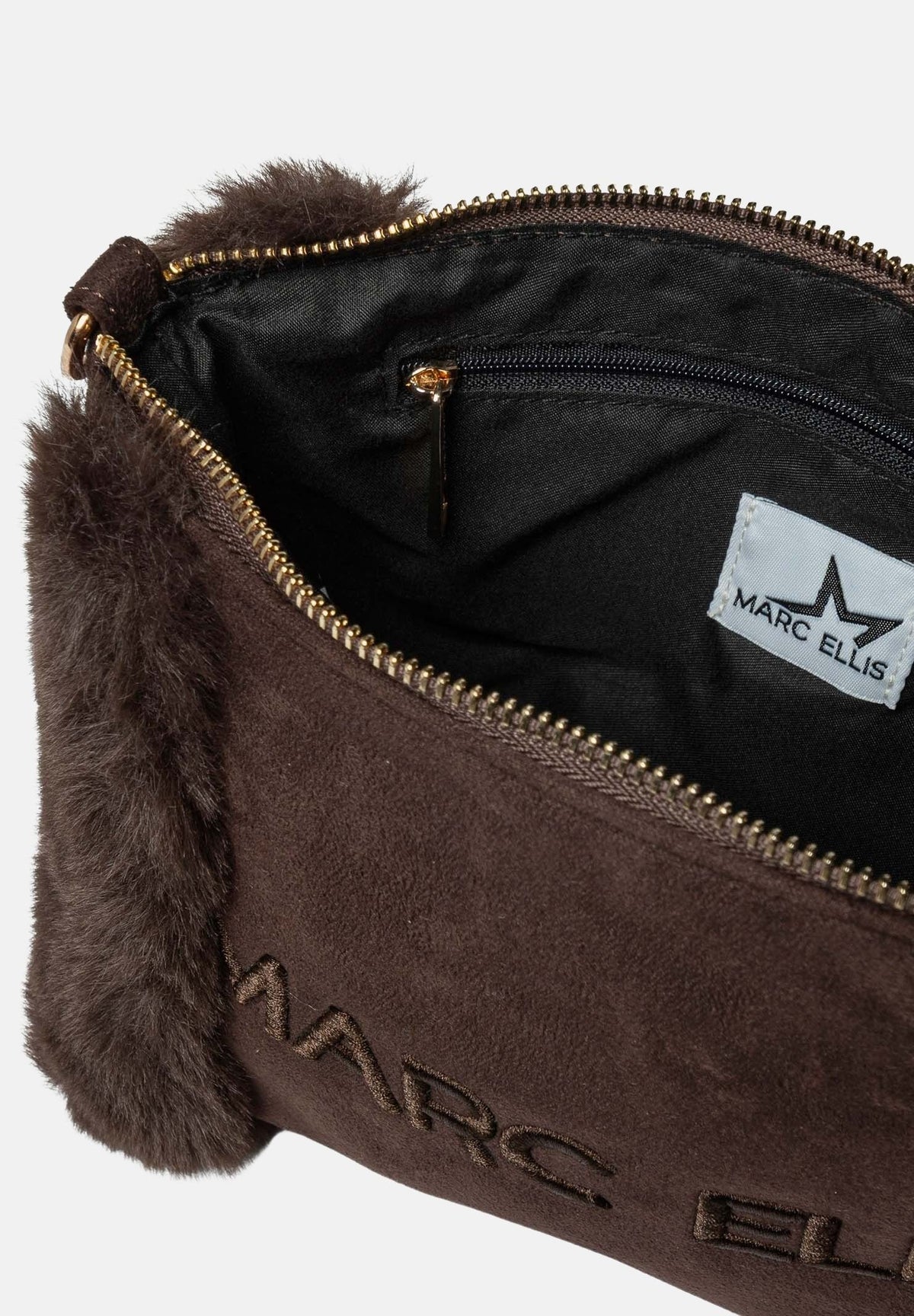 MARC ELLIS Pochette BUBY-CARACAL marrone scuro da donna con inserti laterali effetto pelliccia e cinturino da polso. BUBY-CARACAL-C CH MARC ELLIS