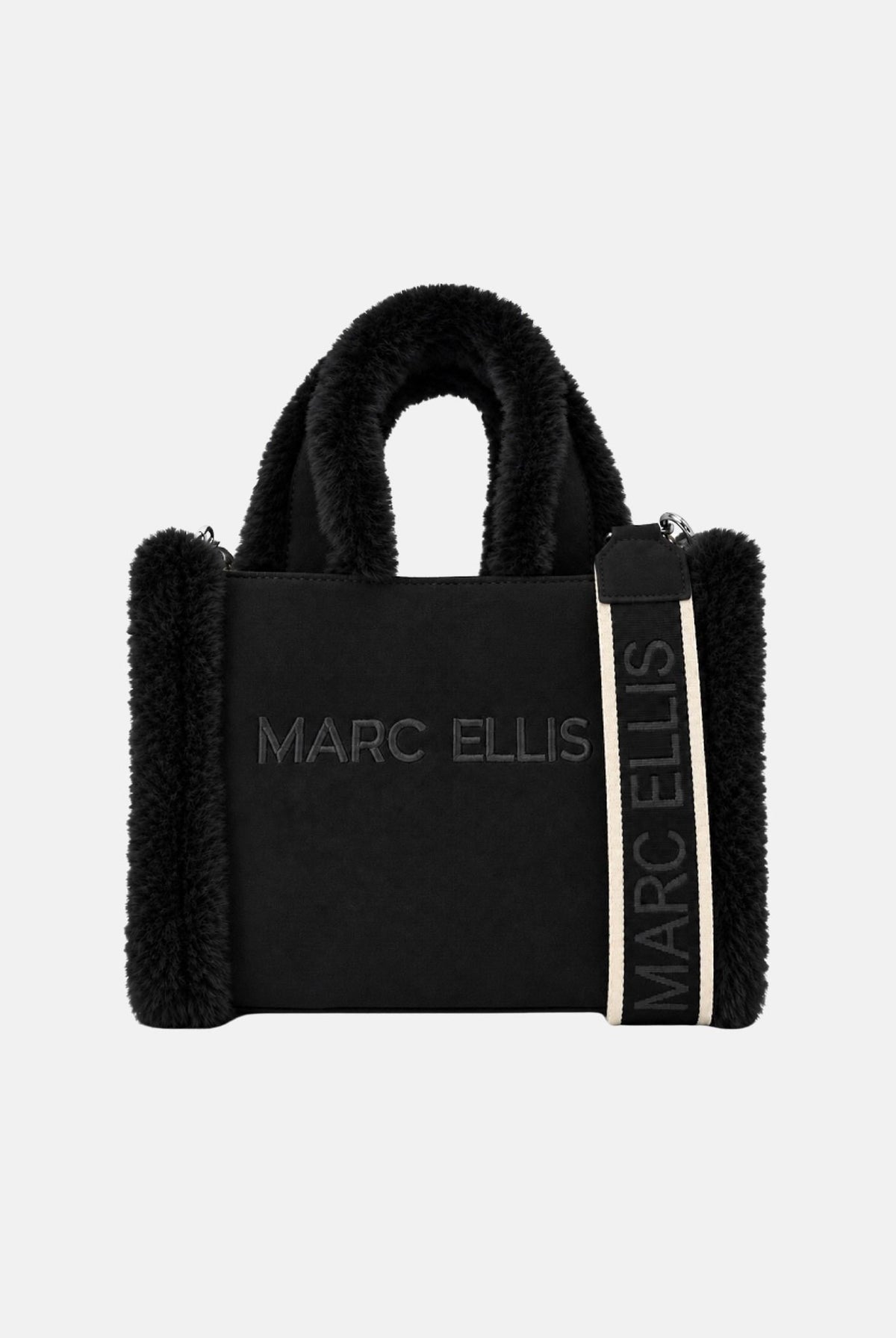 MARC ELLIS Borsa a mano BUBY CARACAL nero per donna con soffici profili in ecopelliccia e tracolla logata coordinata. BUBY-CARACAL-M BL MARC ELLIS