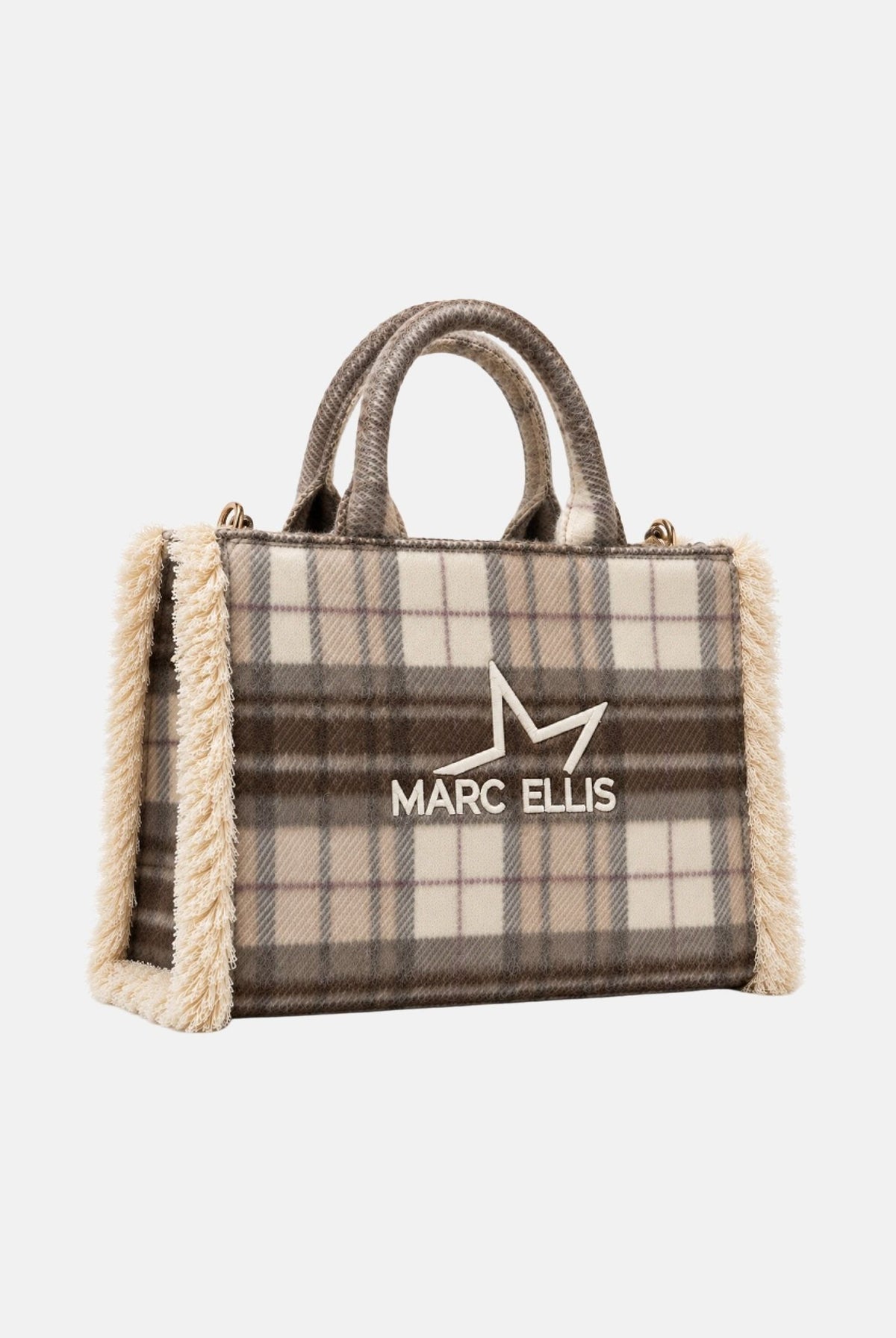 MARC ELLIS Borsa a mano BUBY PLAID L beige scuro per donna con raffinata fantasia scozzese plaid BUBY-PLAID-L DABE MARC ELLIS
