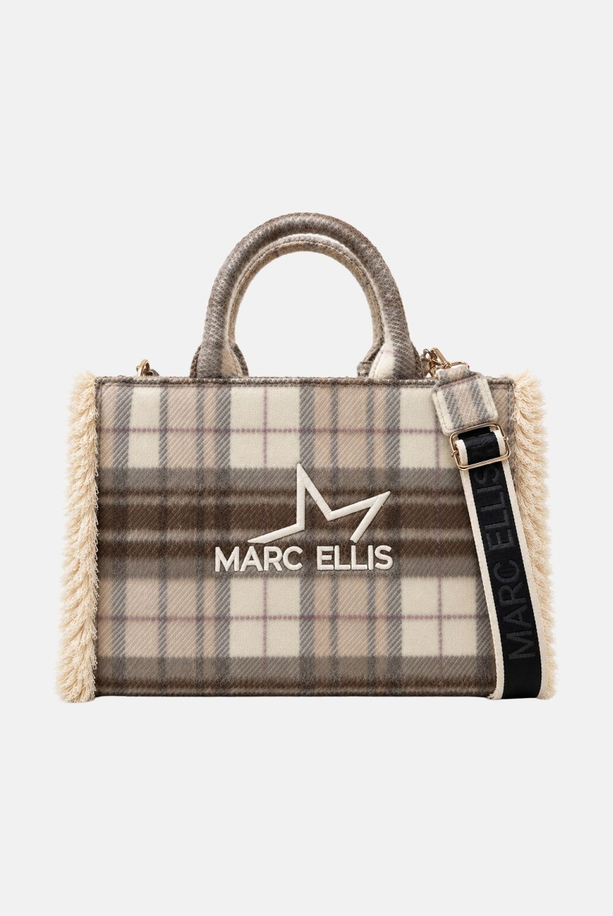 MARC ELLIS Borsa a mano BUBY PLAID L beige scuro per donna con raffinata fantasia scozzese plaid BUBY-PLAID-L DABE MARC ELLIS