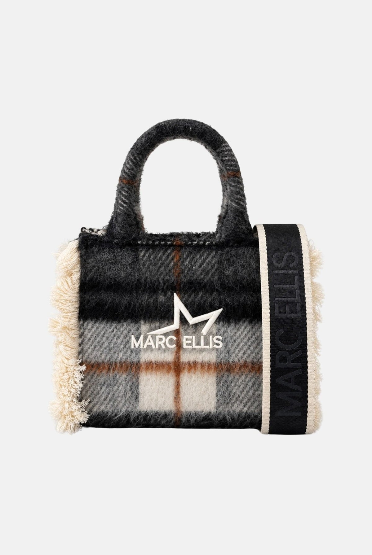 MARC ELLIS Borsa a mano BUBY PLAID S nera per donna con raffinata fantasia scozzese plaid e manici rigidi superiori coordinati. BUBY-PLAID-S BL MARC ELLIS