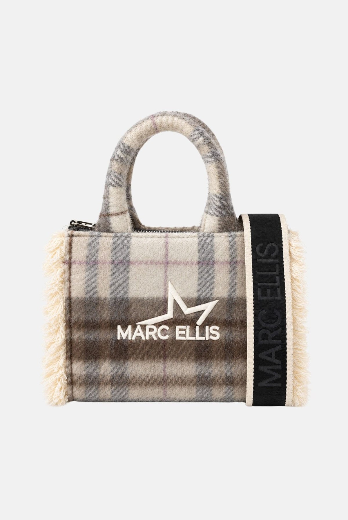 MARC ELLIS Borsa a mano BUBY PLAID S beige scuro per donna con raffinata fantasia scozzese plaid e manici rigidi superiori coordinati. BUBY-PLAID-S DABE MARC ELLIS