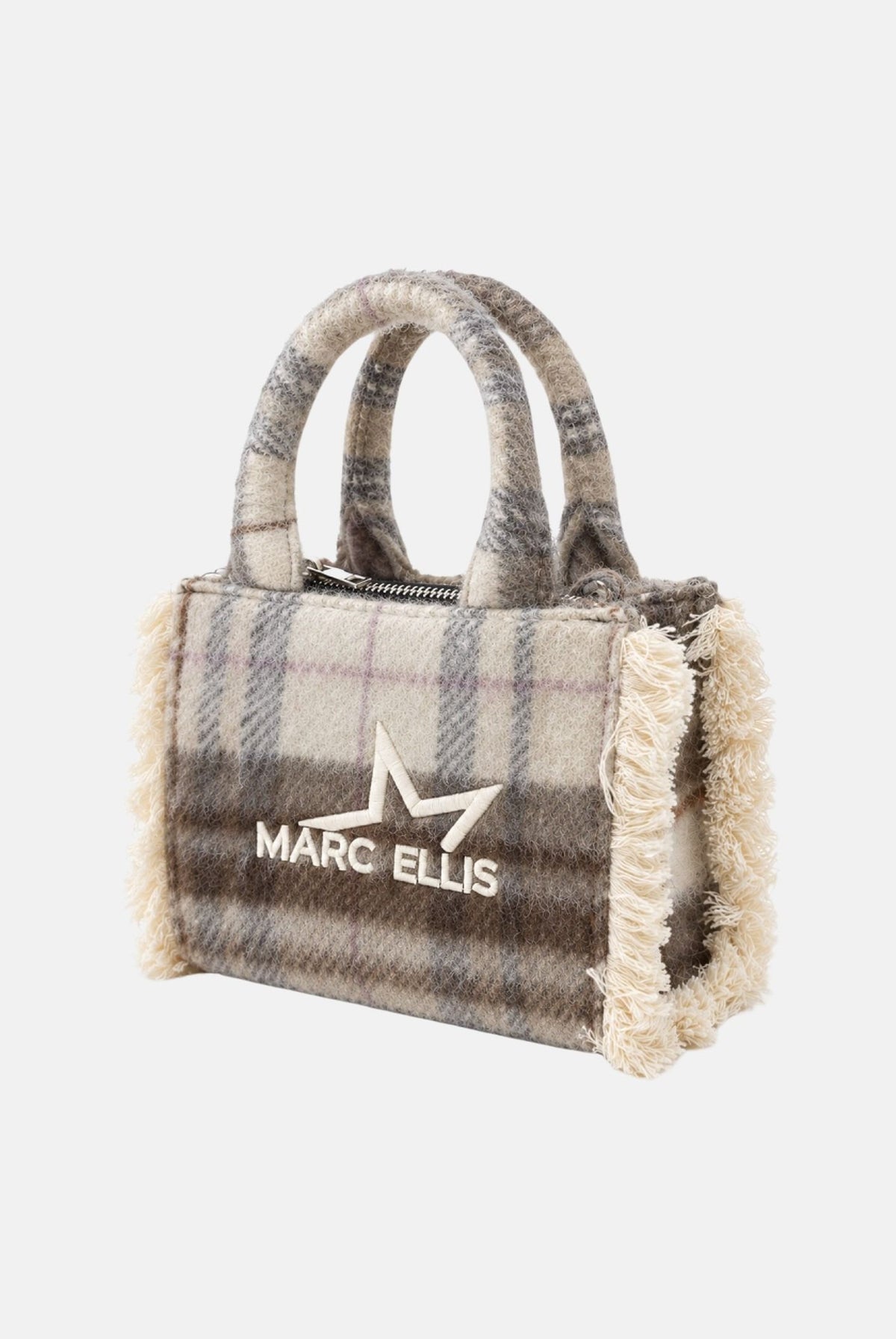 MARC ELLIS Borsa a mano BUBY PLAID S beige scuro per donna con raffinata fantasia scozzese plaid e manici rigidi superiori coordinati. BUBY-PLAID-S DABE MARC ELLIS