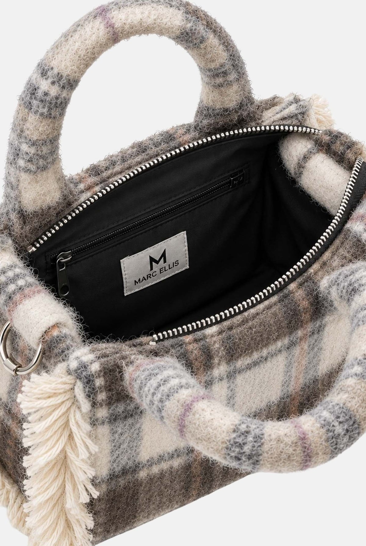 MARC ELLIS Borsa a mano BUBY PLAID S beige scuro per donna con raffinata fantasia scozzese plaid e manici rigidi superiori coordinati. BUBY-PLAID-S DABE MARC ELLIS