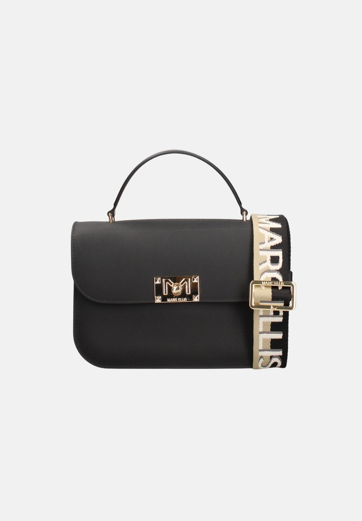MARC ELLIS Borsa a mano FLAT EAR M nera per donna con patta frontale, logo metallico e dettagli oro chiaro. FLAT-EAR-M BLLIGO MARC ELLIS