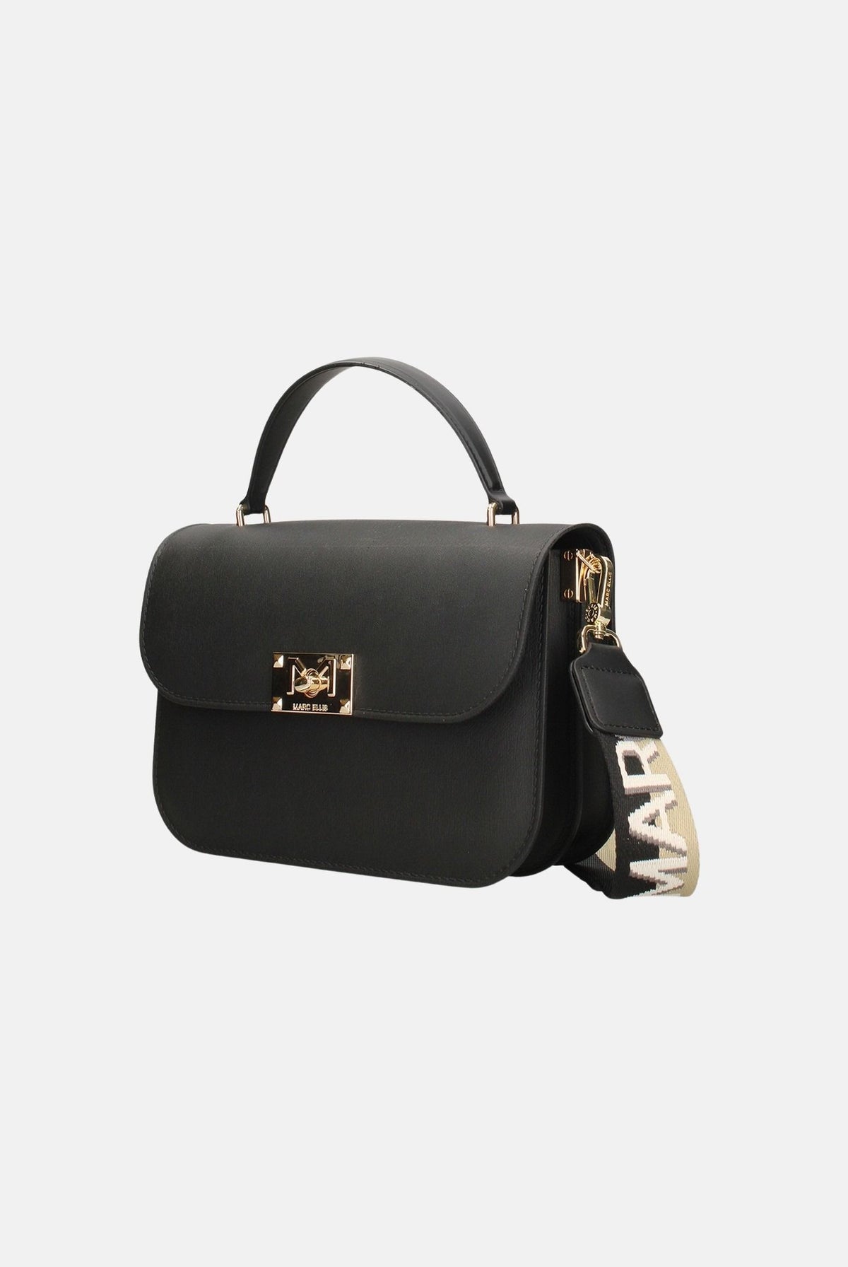 MARC ELLIS Borsa a mano FLAT EAR M nera per donna con patta frontale, logo metallico e dettagli oro chiaro. FLAT-EAR-M BLLIGO MARC ELLIS