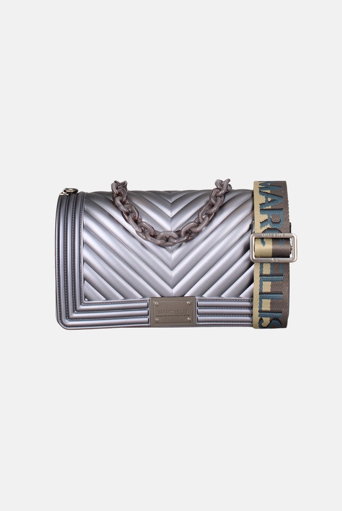 MARC ELLIS Borsa a tracolla FLAT M grigio canna di fucile da donna con lavorazione chevron FLAT-M-27 GUMEMA MARC ELLIS