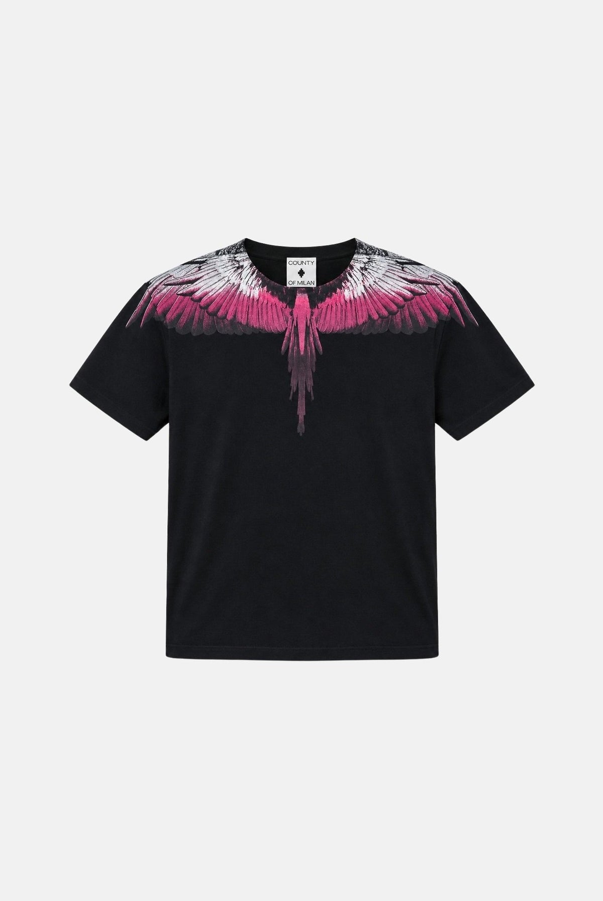 MARCELO BURLON COUNTY OF MILAN T-shirt WINGS nera per donna con stampa ali rosa, bianca e nera su collo e spalle. 26ICM30200 NE MARCELO BURLON COUNTY OF MILAN