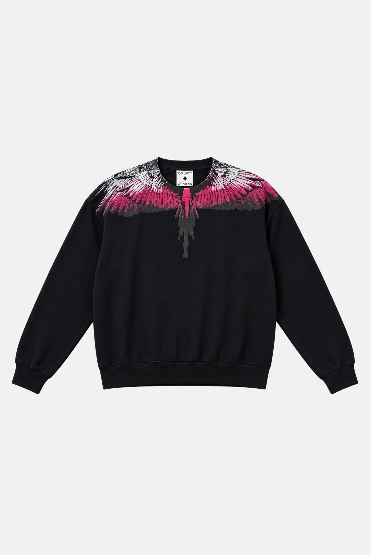 MARCELO BURLON COUNTY OF MILAN Felpa girocollo WINGS nera per donna con stampa ali fucsia e nere sulle spalle. 26ICM30205 NE MARCELO BURLON COUNTY OF MILAN