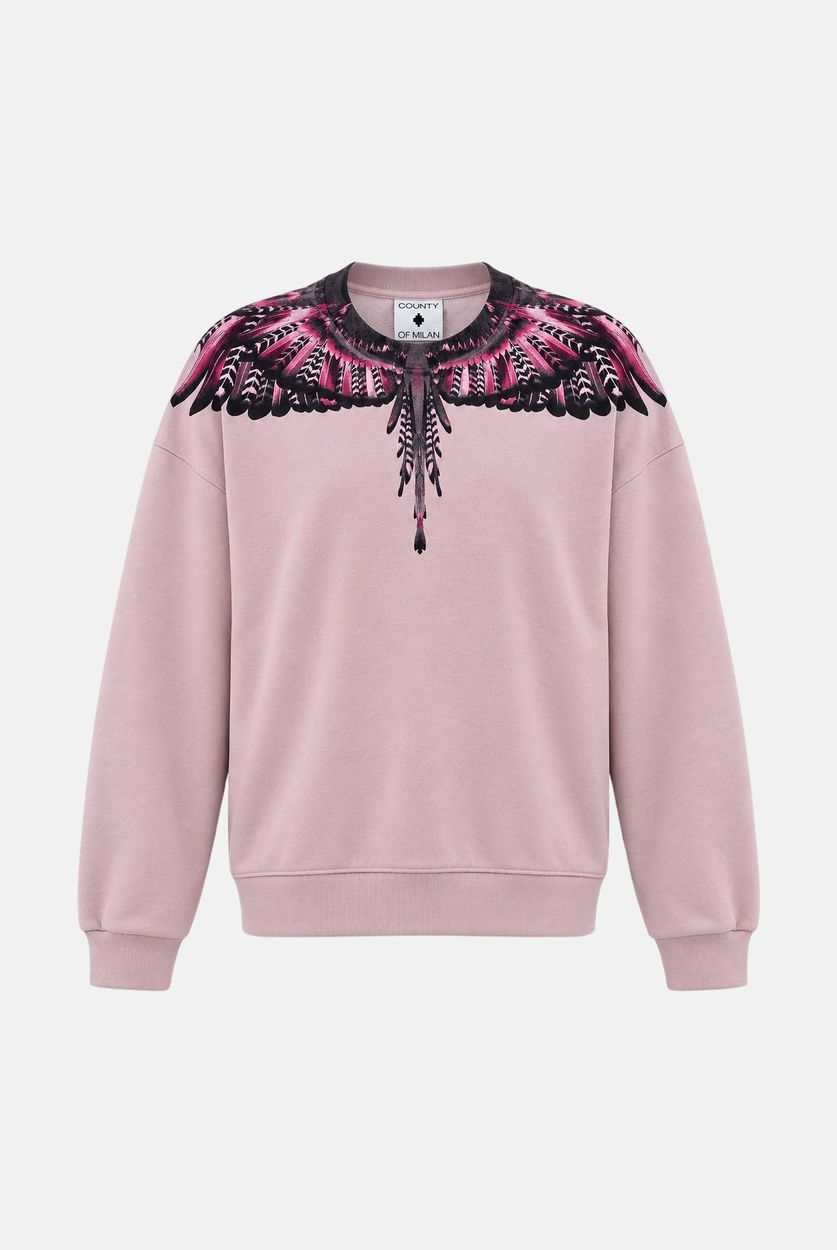 MARCELO BURLON COUNTY OF MILAN Felpa girocollo WINGS rosa per donna con stampa ali fucsia, nera e bianca sulle spalle. 26ICM30205 RO MARCELO BURLON COUNTY OF MILAN