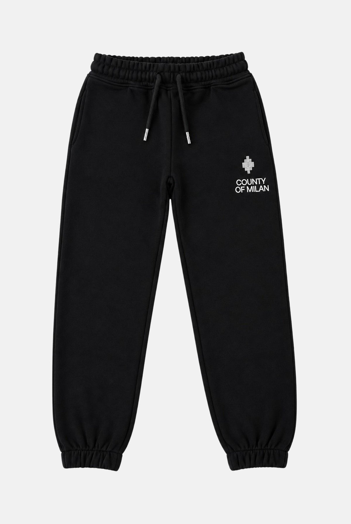 MARCELO BURLON COUNTY OF MILAN Pantaloni jogger neri da bambino e bambina con coulisse regolabile e logo frontale. F6CMJBFP051J 110 MARCELO BURLON COUNTY OF MILAN