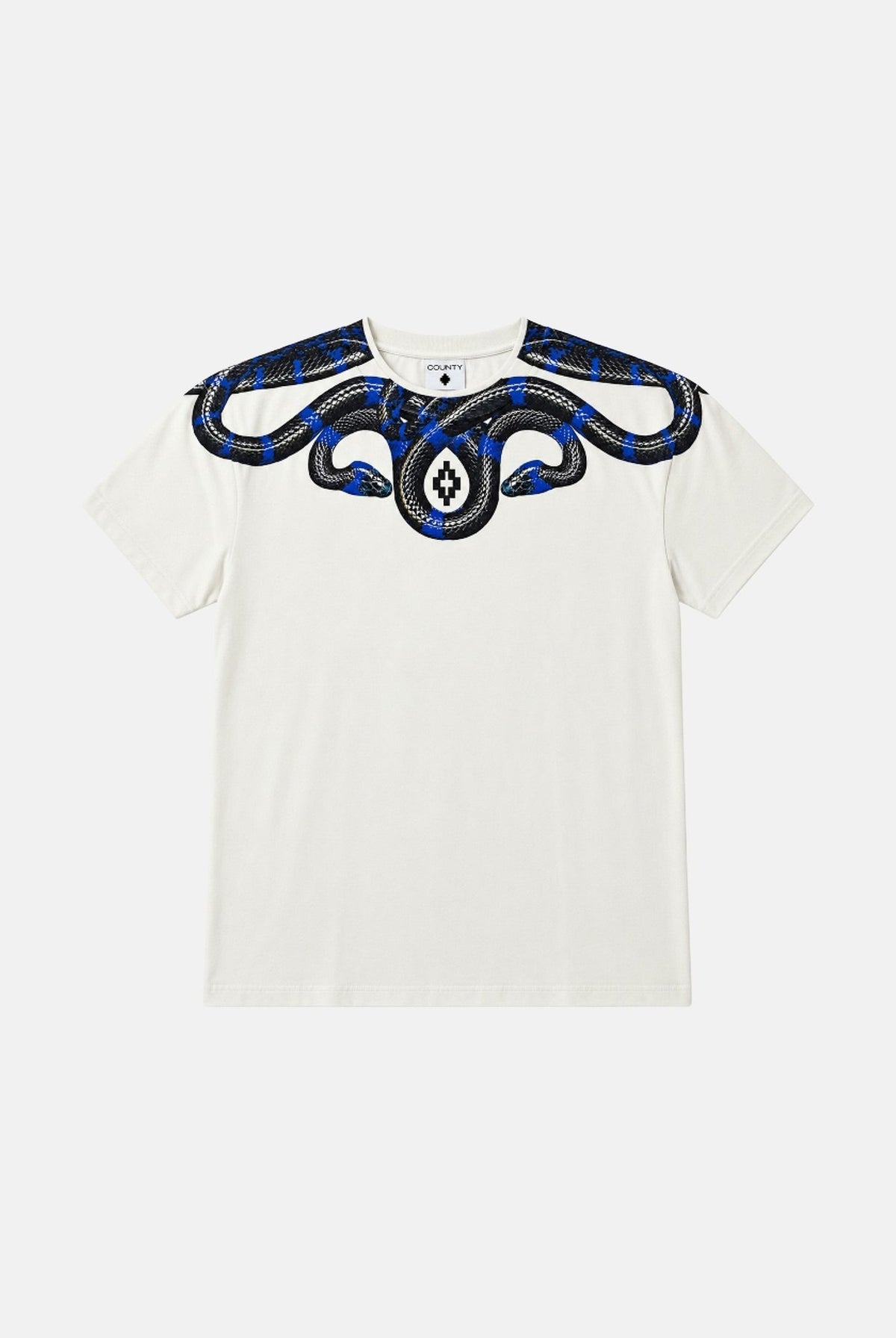 MARCELO BURLON T-shirt manica corta bianca per uomo con girocollo e iconica stampa grafica ad ali di serpente blu sulle spalle. F6CMMATH090 412 MARCELO BURLON COUNTY OF MILAN