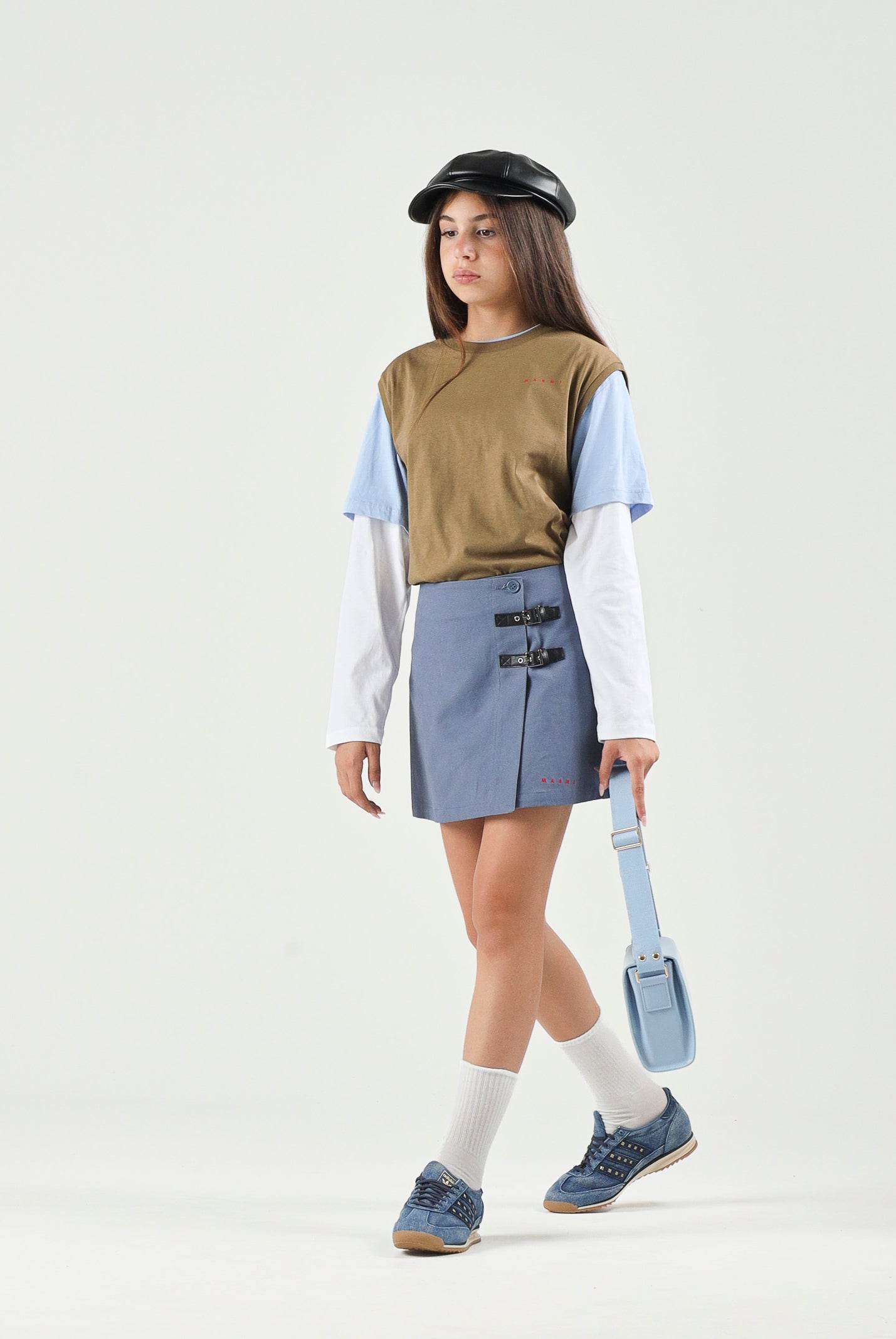 MARNI Gonna Thunderstone azzurro cielo, per donna, ragazzi e bambini con logo ricamato e doppi dettagli fibbia laterali. M01858M00XI 0M865 MARNI