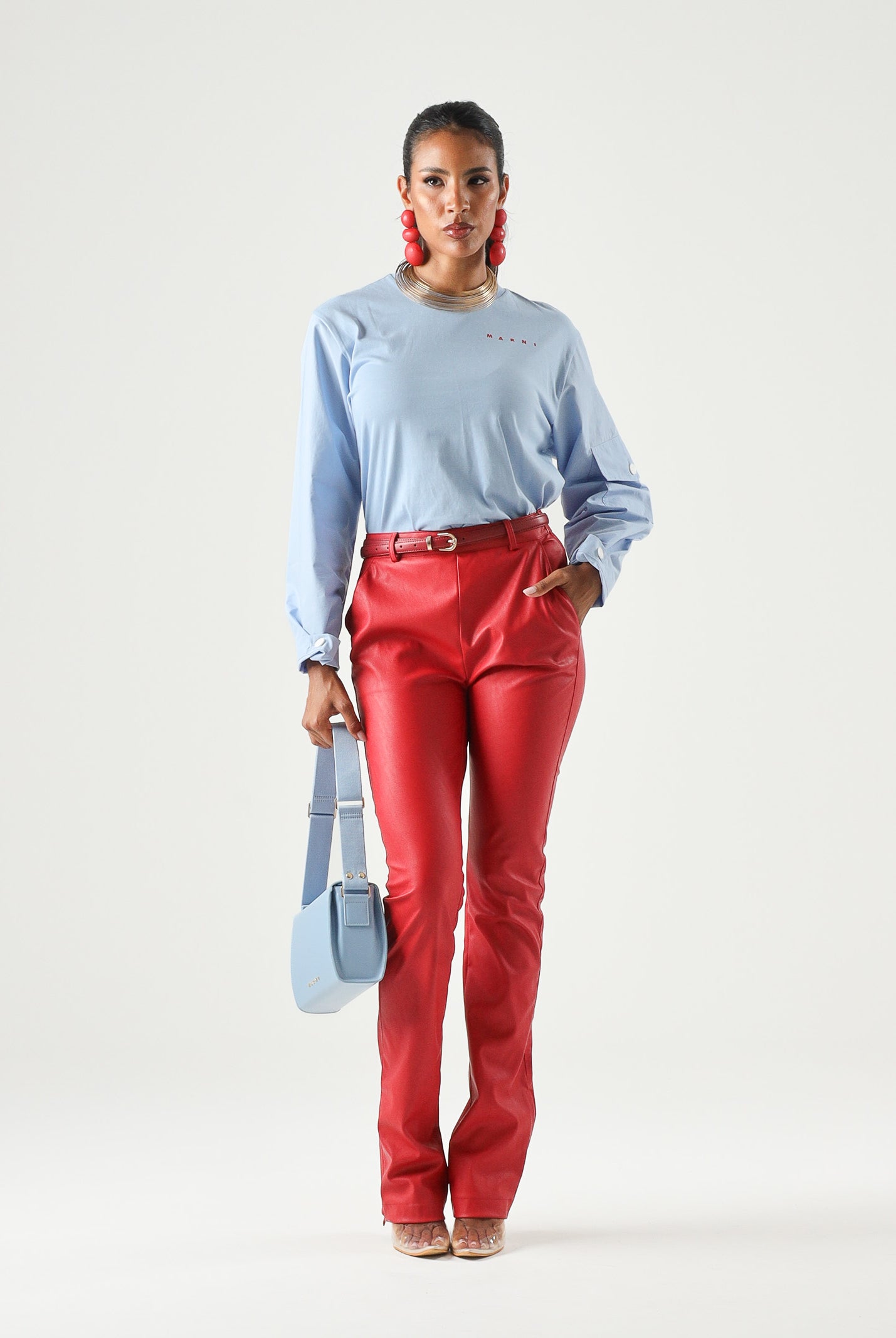 MARNI T-shirt manica lunga azzurro cielo per donna, ragazzi e bambini con logo frontale. M01905M00YM 0M863 MARNI