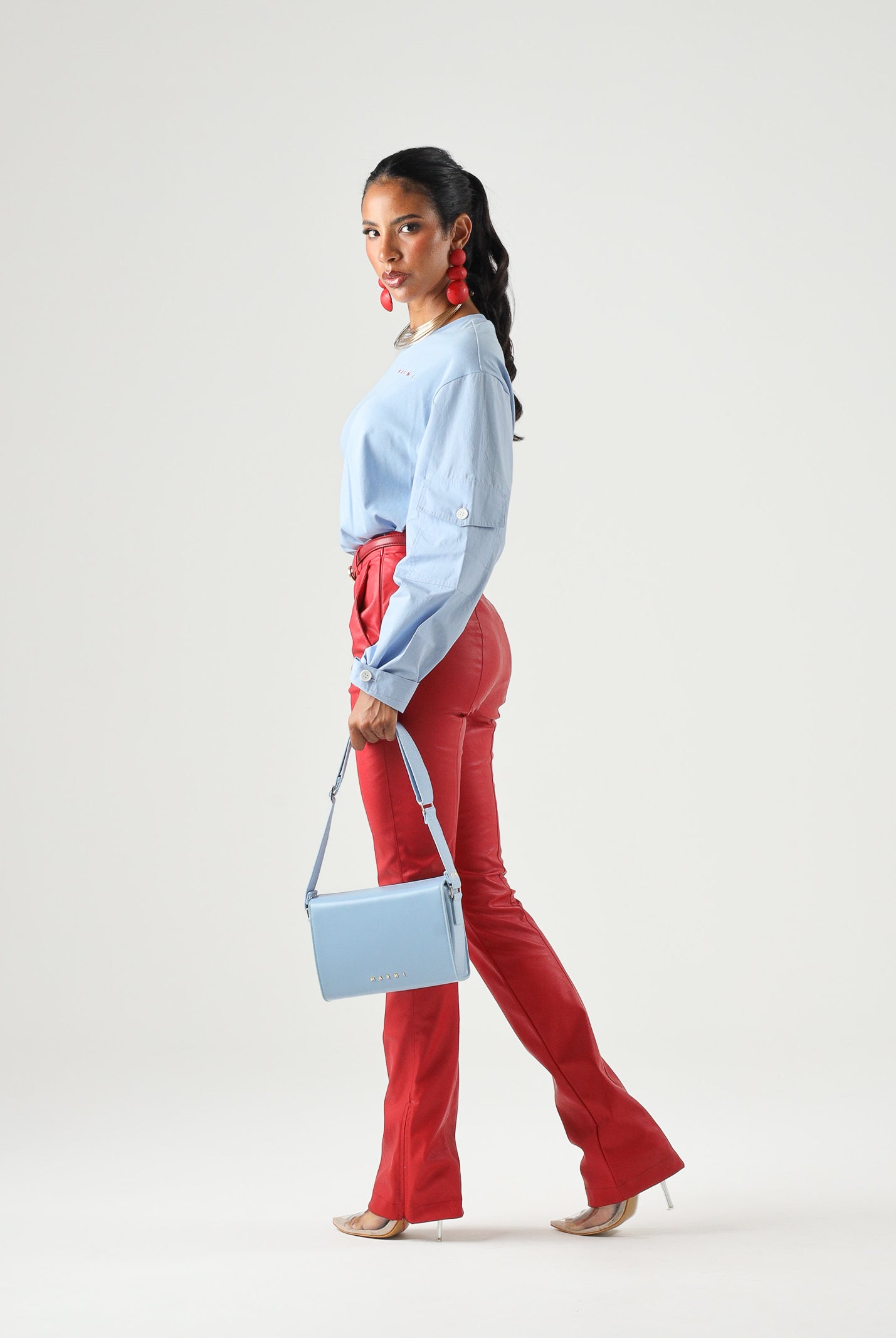 MARNI T-shirt manica lunga azzurro cielo per donna, ragazzi e bambini con logo frontale. M01905M00YM 0M863 MARNI