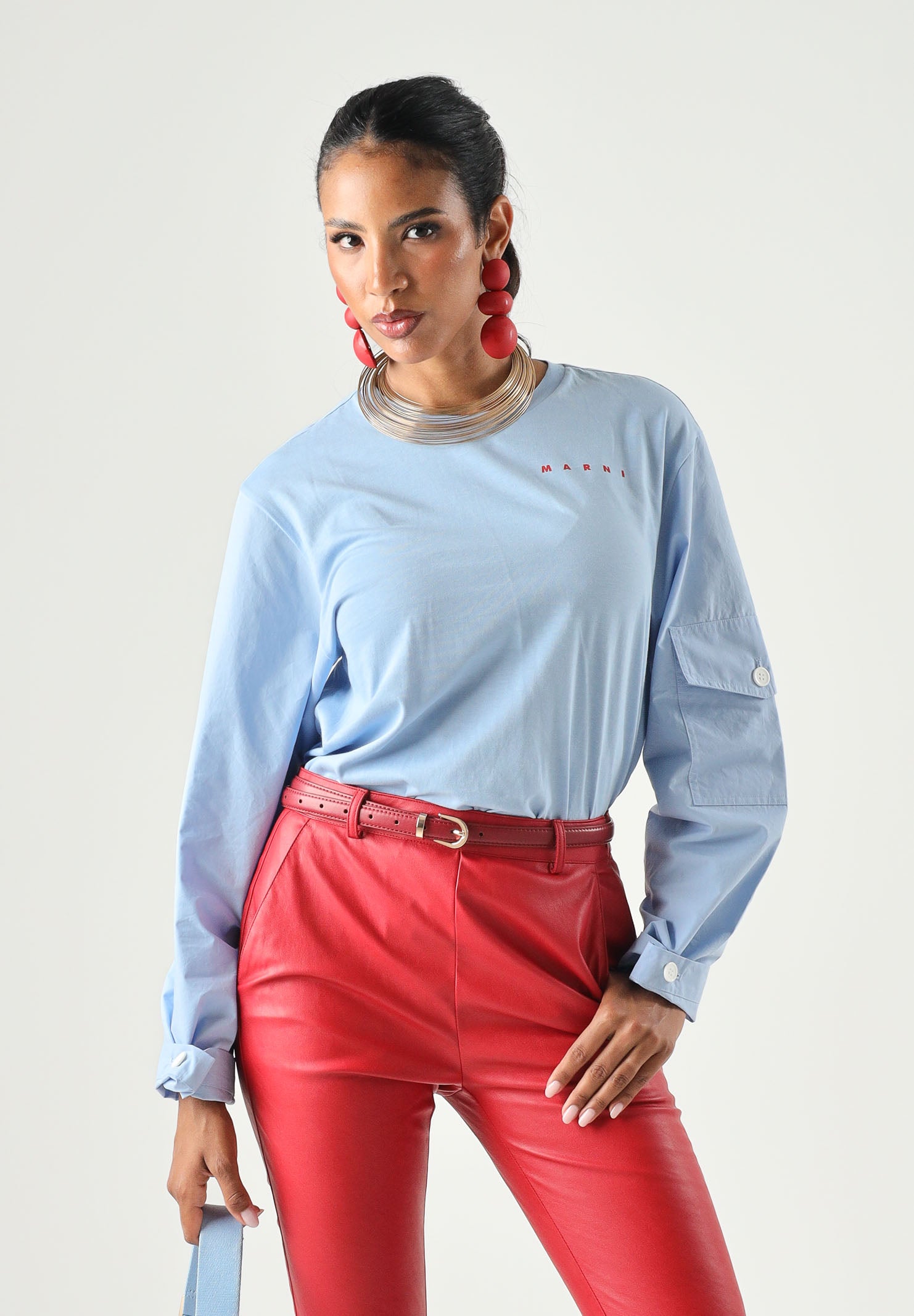 MARNI T-shirt manica lunga azzurro cielo per donna, ragazzi e bambini con logo frontale. M01905M00YM 0M863 MARNI